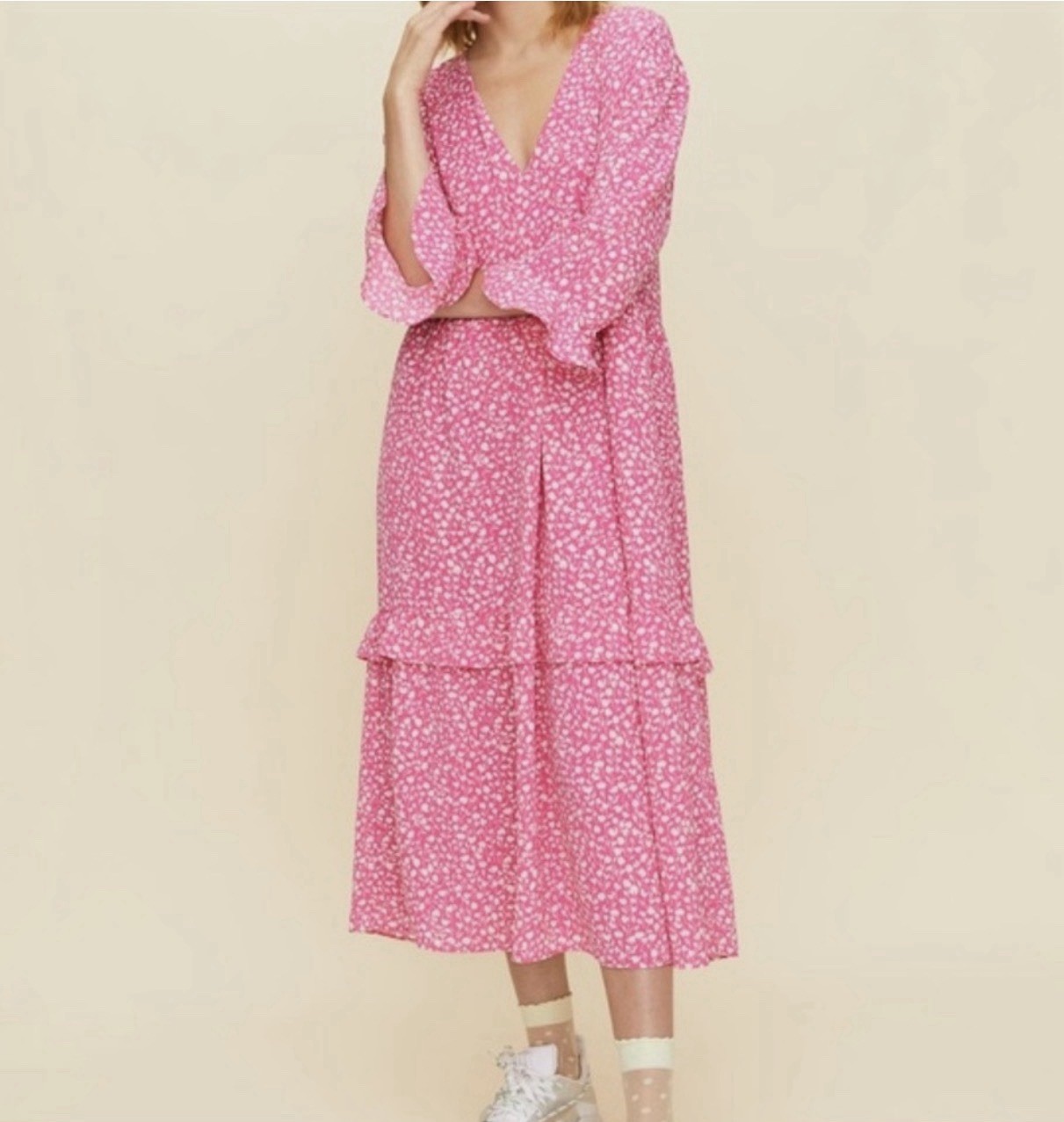 Little Moon by Aritzia Spritz Dress Pink Floral Tiered Midi Pockets Size S