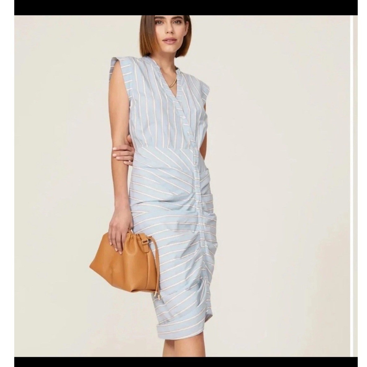 Veronica Beard Blue White Striped Ruched Button Front Sleeveless Midi Dress 6