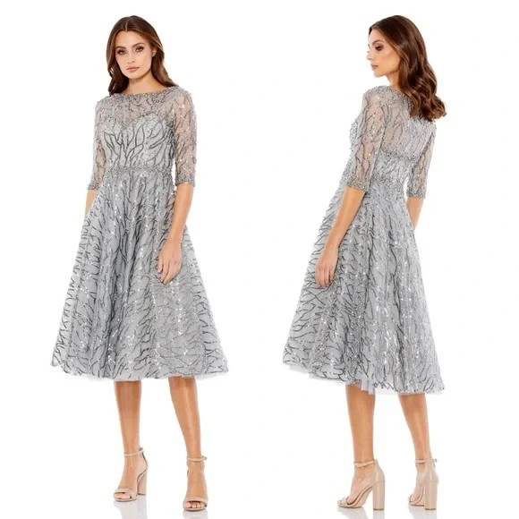 Mac Duggal Platinum Silver Sequin Embellished Cocktail Midi Dress Size 8 $598