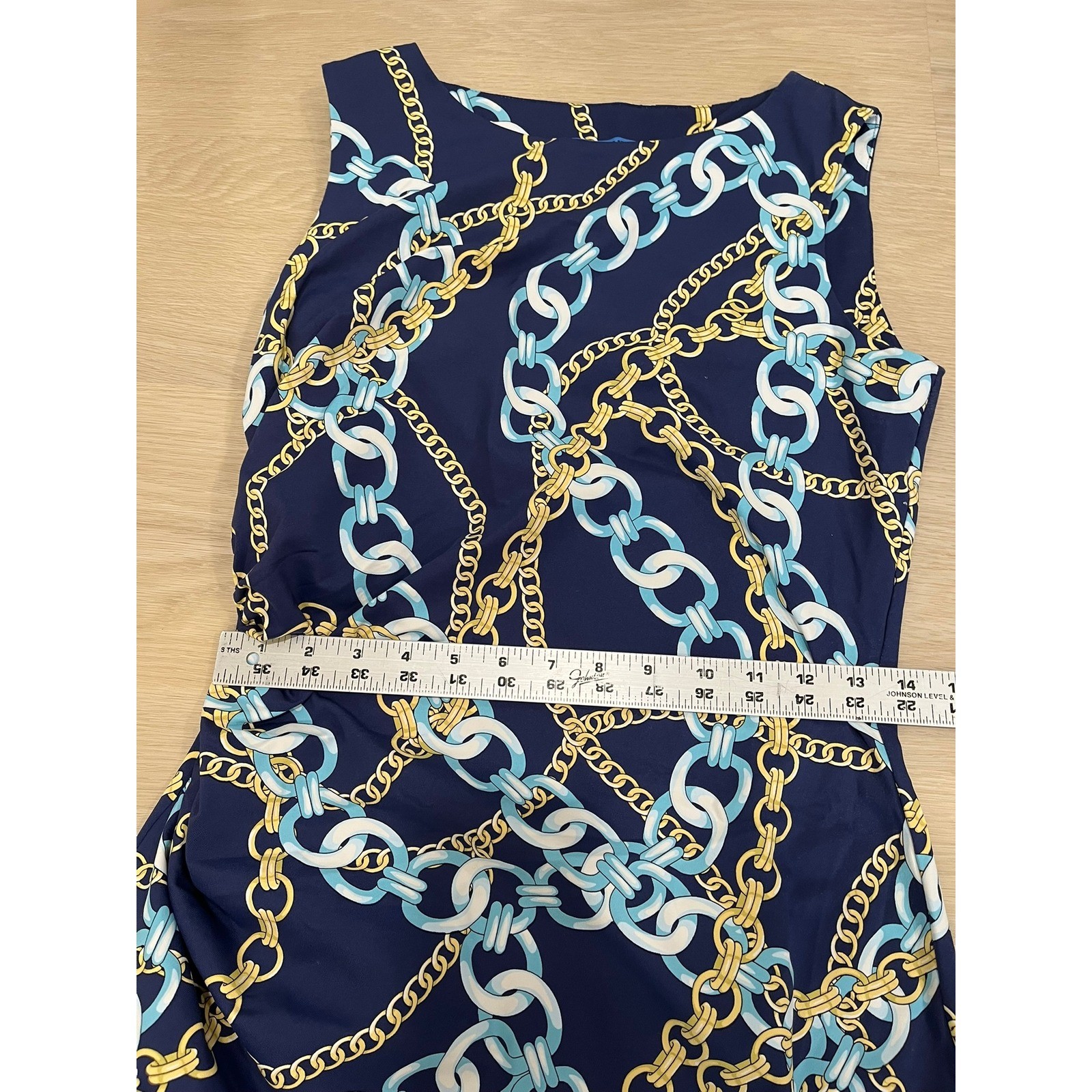 J.McLaughlin Navy Blue Gold Chain Link Print Ruched Sheath Dress Womens Medium