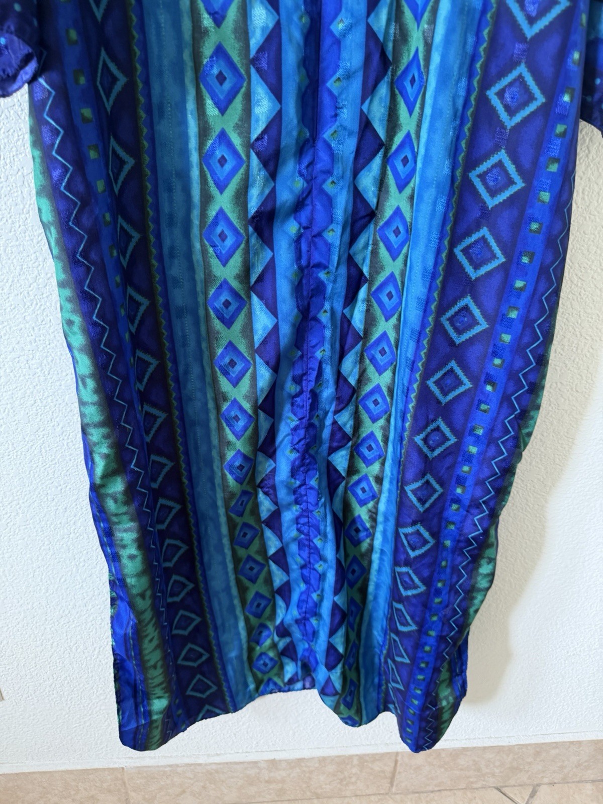 Sante Classics Women M Blue Green Geometric Print Button Front Long Dress Zipper
