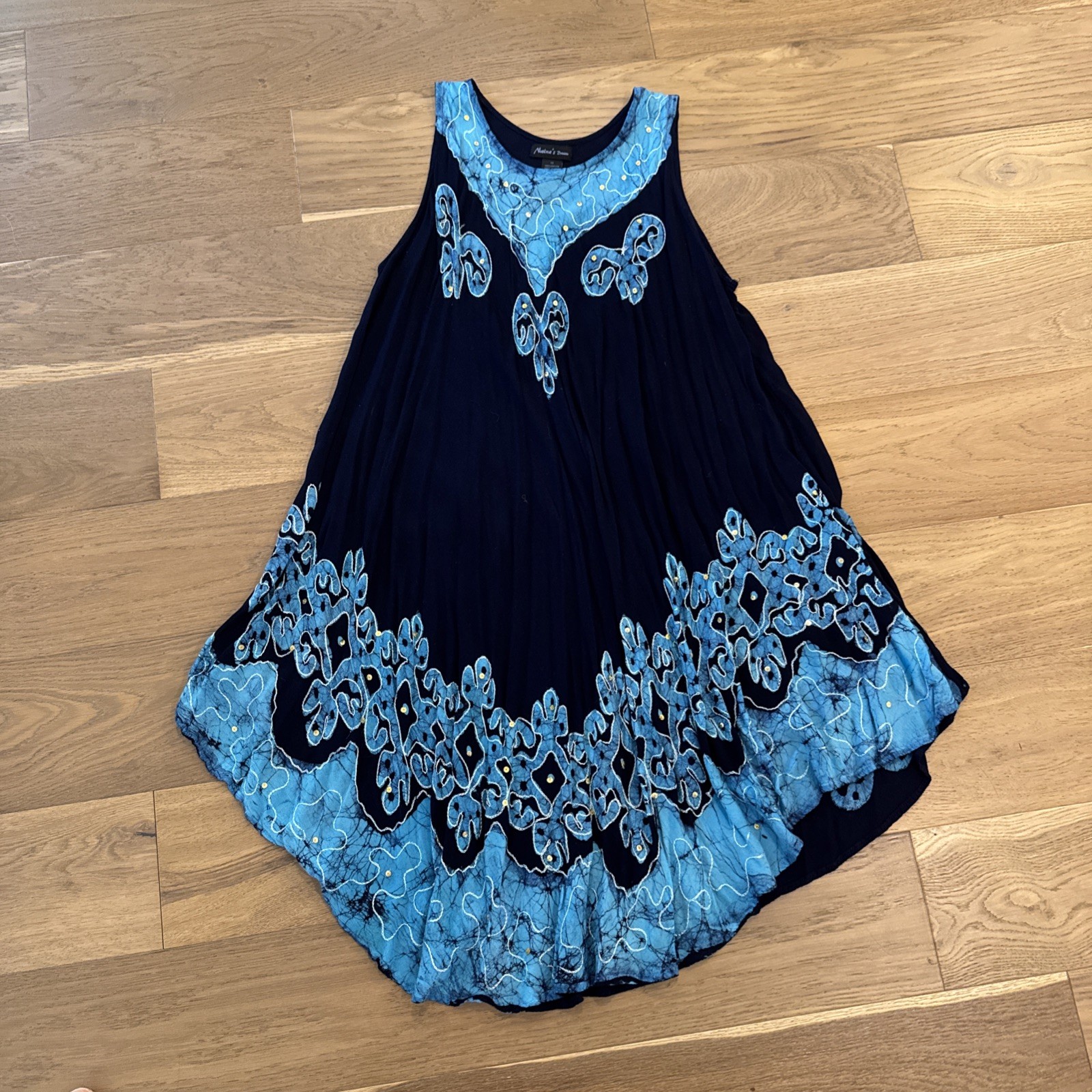 Naina’s Dream Dress Womens 2X Blue Batik Embroidered Swing Tank Midi Boho Rayon