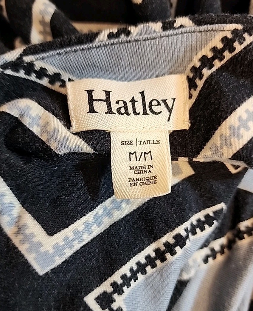 Hatley Faux Wrap Dress size Medium Geometric Print Navy Blue Stretch R1