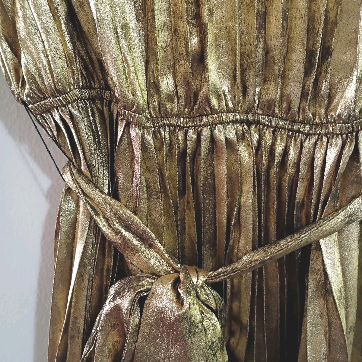 Sam Edelman Pleated Swing Dress Sz 14 Metallic Gold Lame Party Dance Event EUC