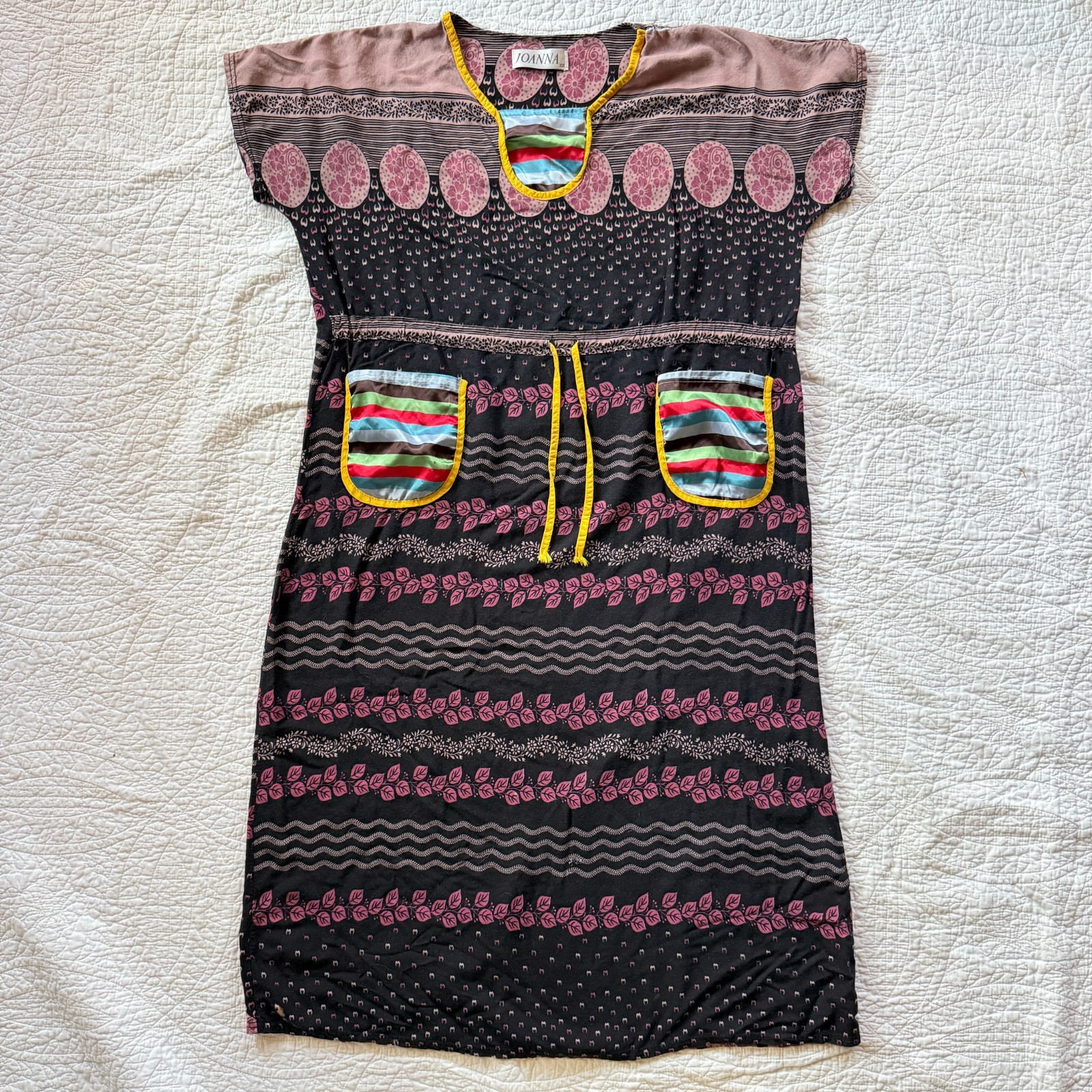 Joanna Black Patterned Patchwork Dress Pockets Colorful Trim XXL Earthy Boho 90s
