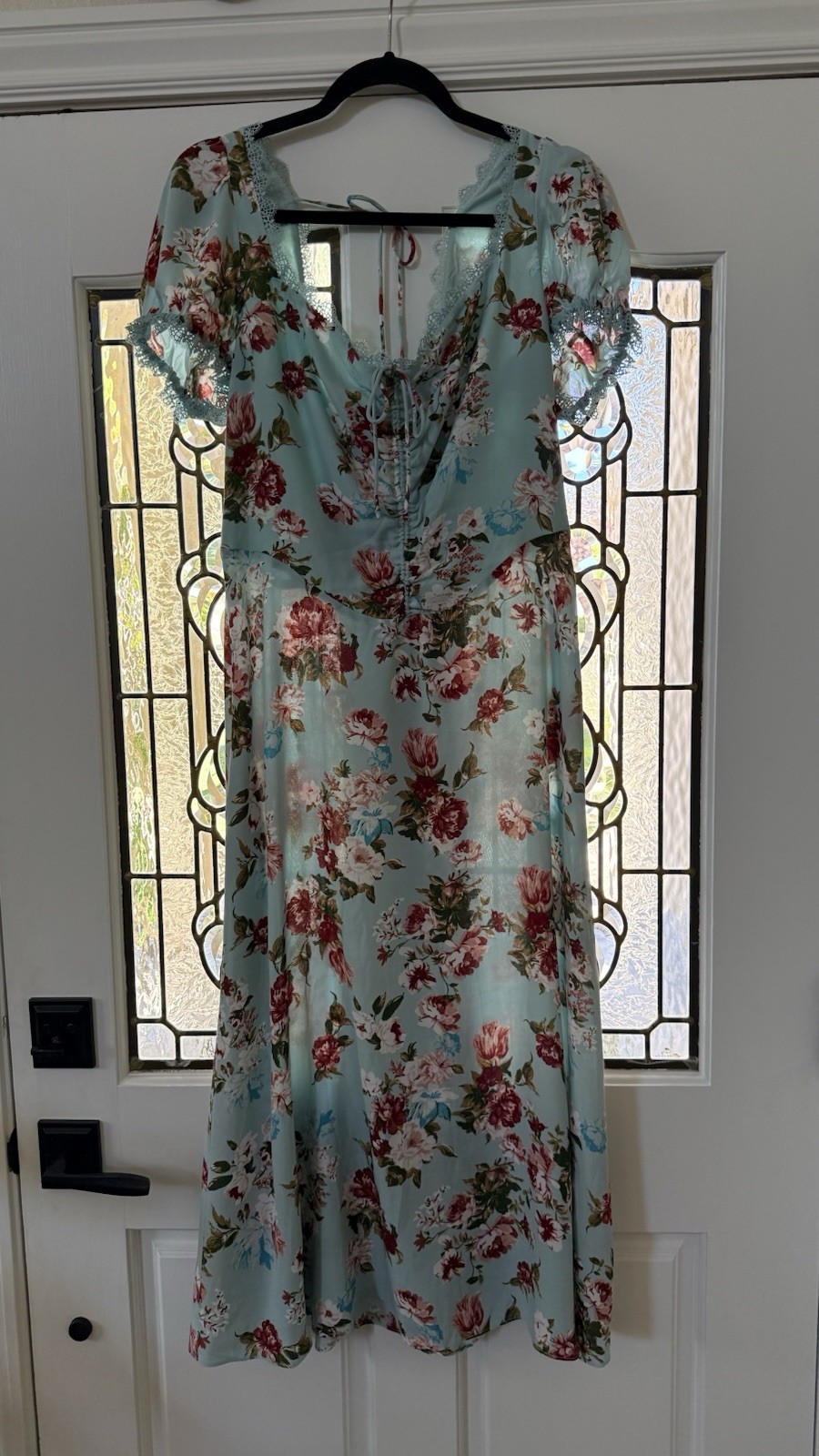 Anthropologie Floral Midi Dress Light Blue Multi Square Neck Puff Sleeve L
