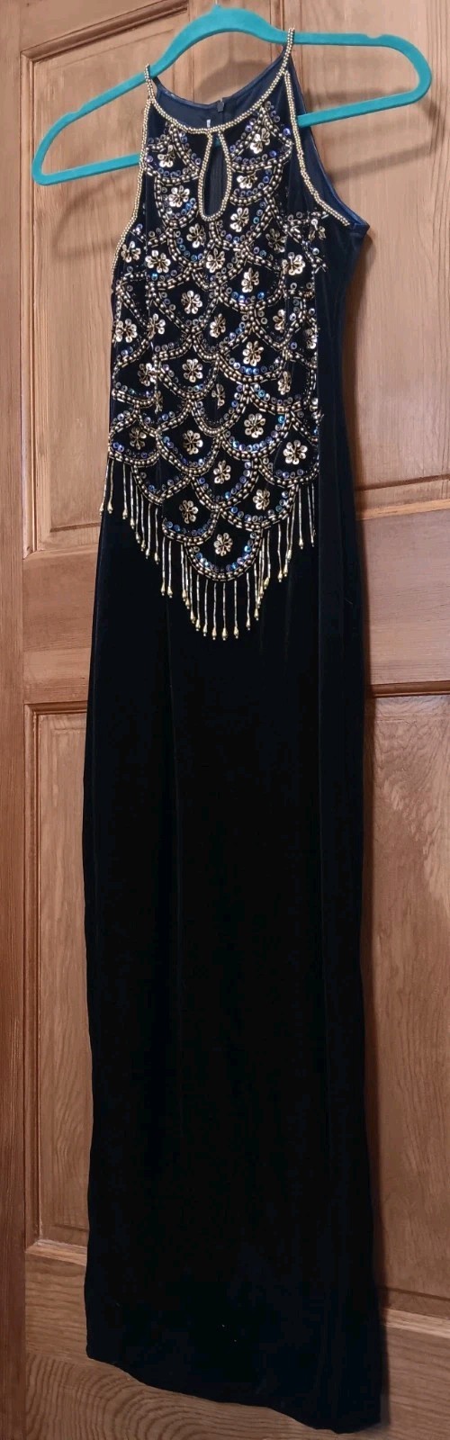 Blue Velour Beaded/Sequin Fringe Halter Formal Dress Sleeveless Long women:M