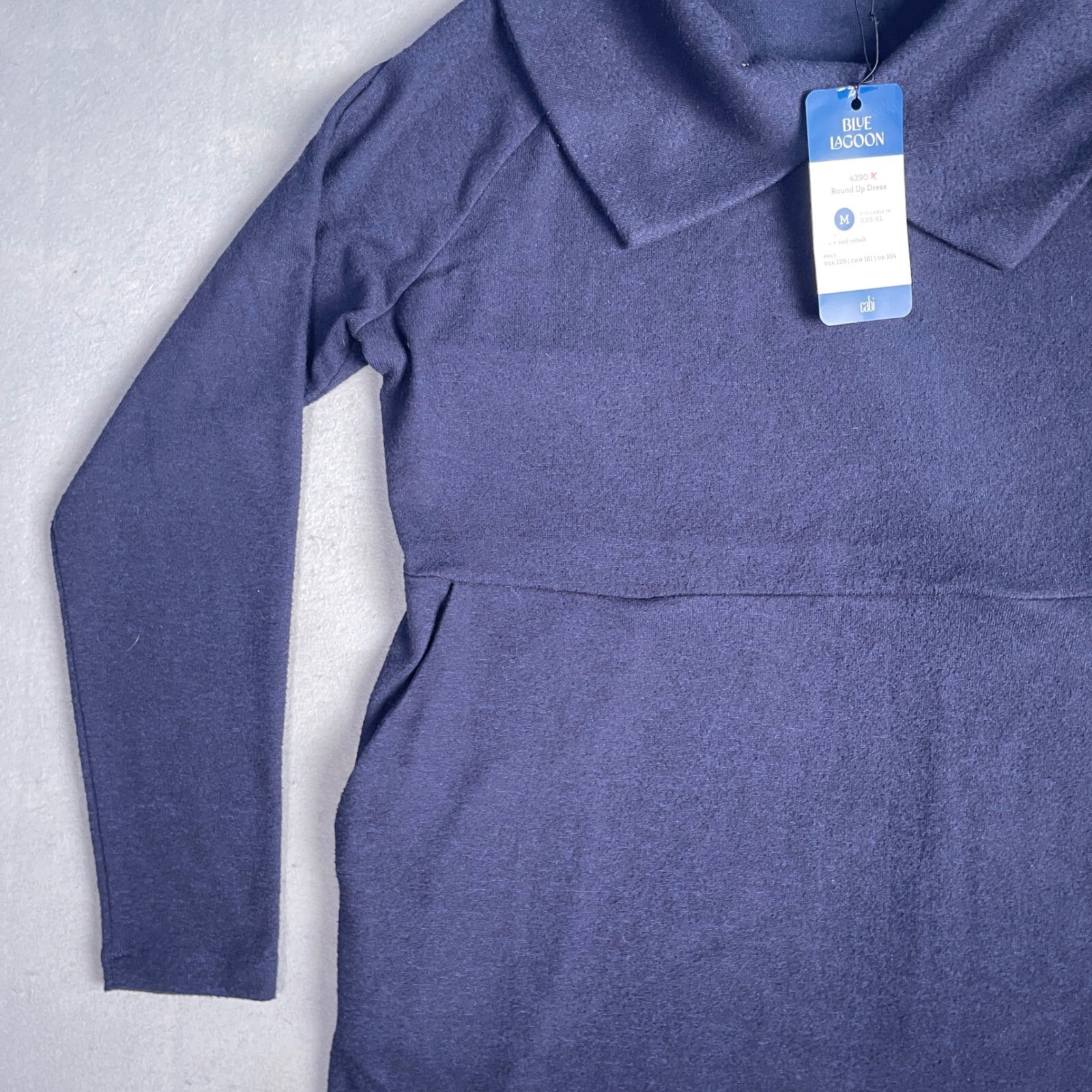 Cabi Round Up Dress Funnel Neck Long Sleeve Pockets Black Cobalt Blue M