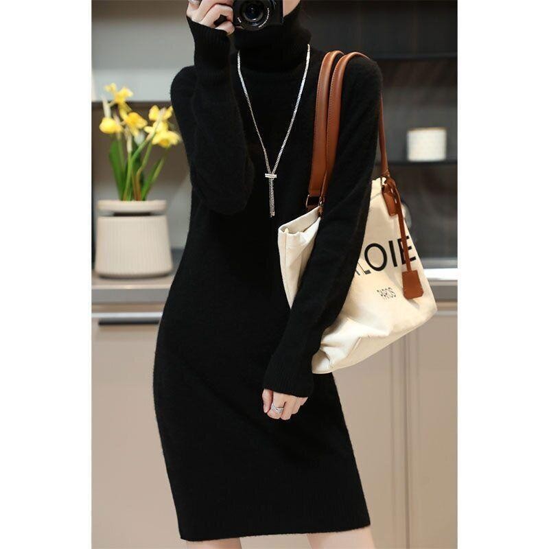 Knitted Cashmere Sweater Women Wool Turtleneck Long-Sleeve Slim Mid Length Dress