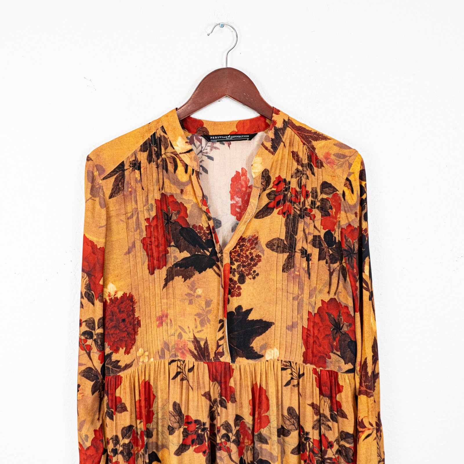 Peruvian Connection Women’s Brown Floral Dress Pleated size Small