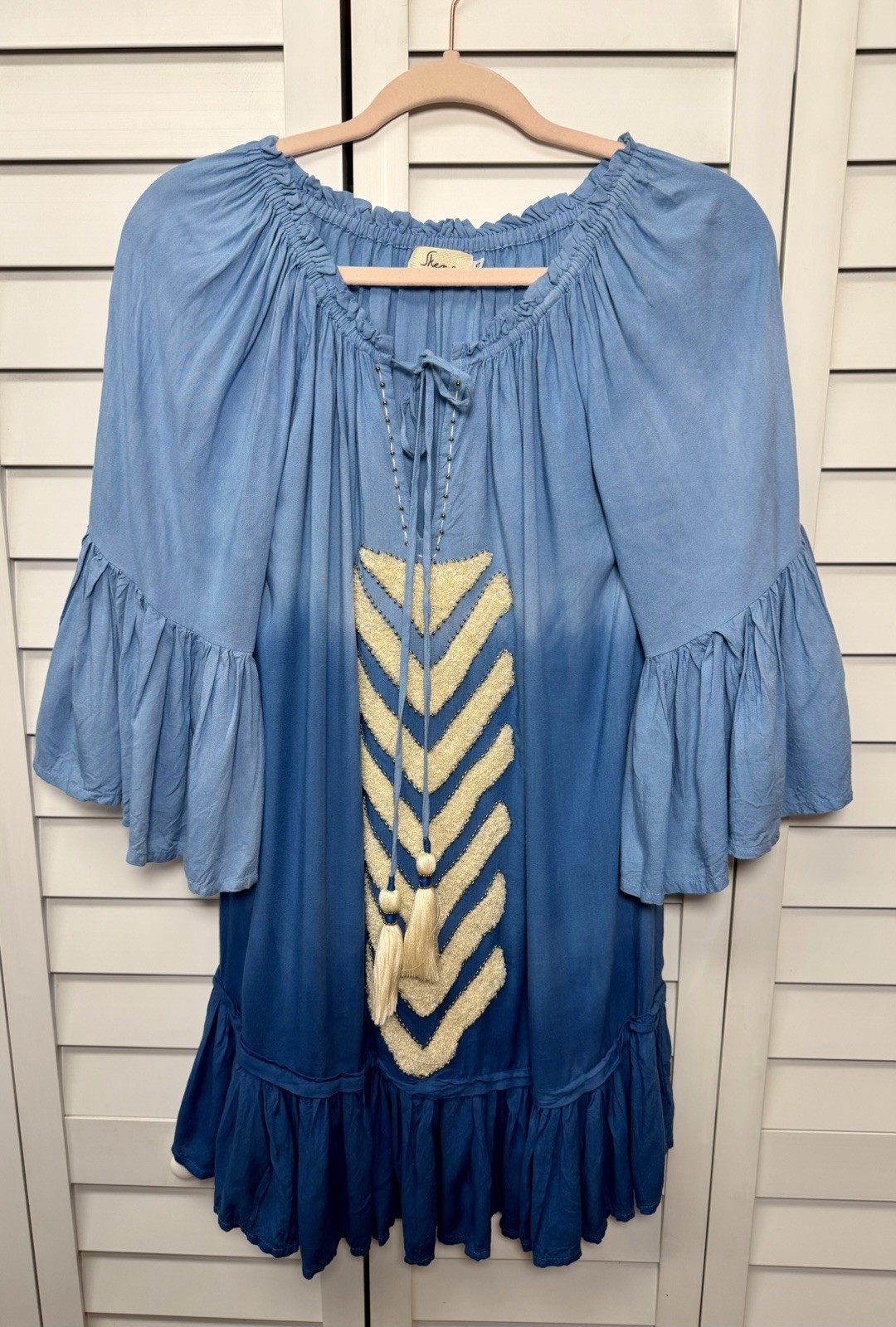 Skemo Beach Boho Ombré Beaded Tassel Ruffle Dress Coastal Resort Women’s Size XS