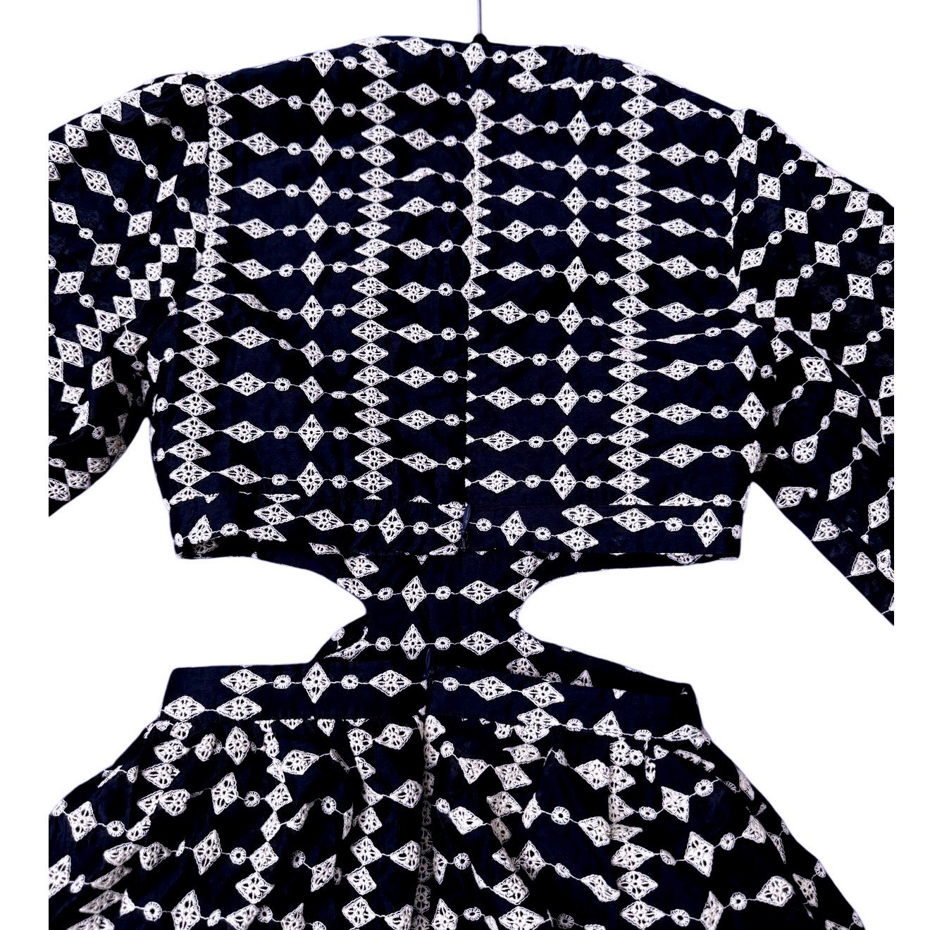 SaturdayClub Cutwork Embroidery Cutout Dress Navy Size XXS Puff Sleeve Midi