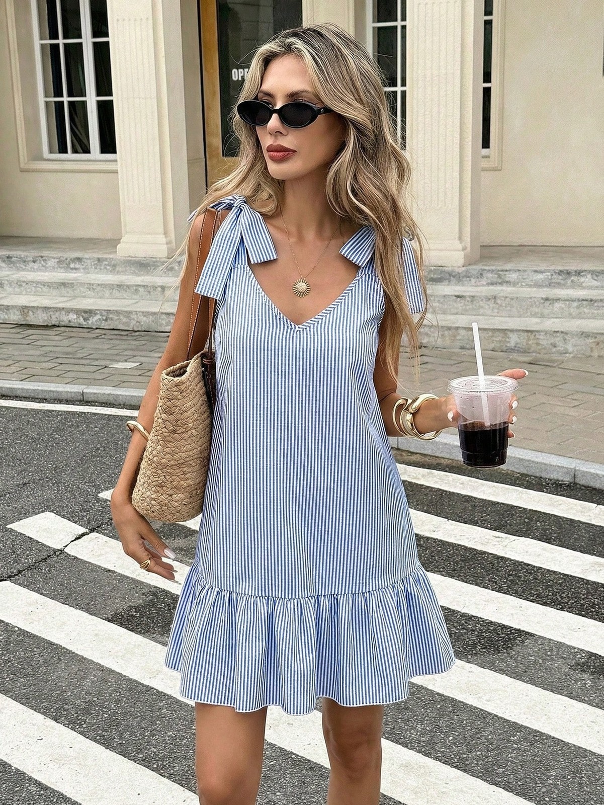 Womens Striped Mini Dress With Bows Decor