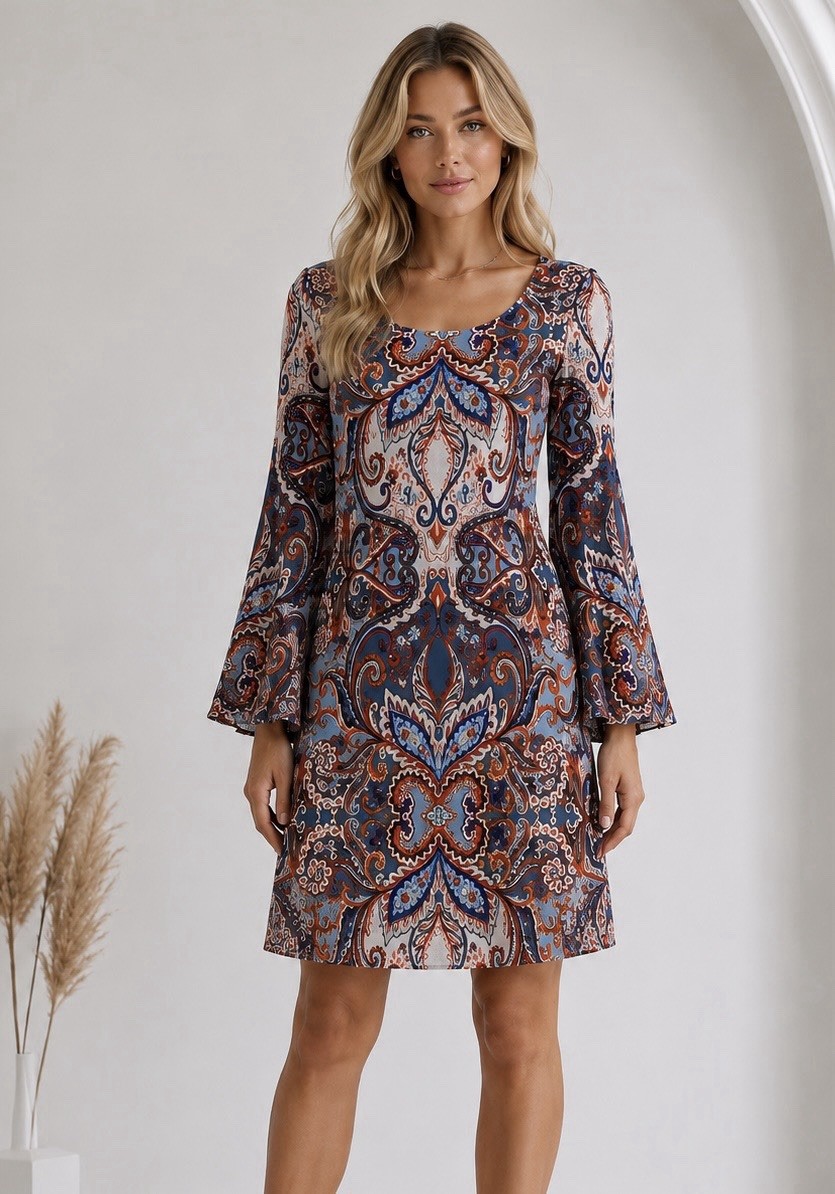MSK Womens Paisley Bell Sleeve Dress Size Large Stretch Y2K Boho Summer Chic