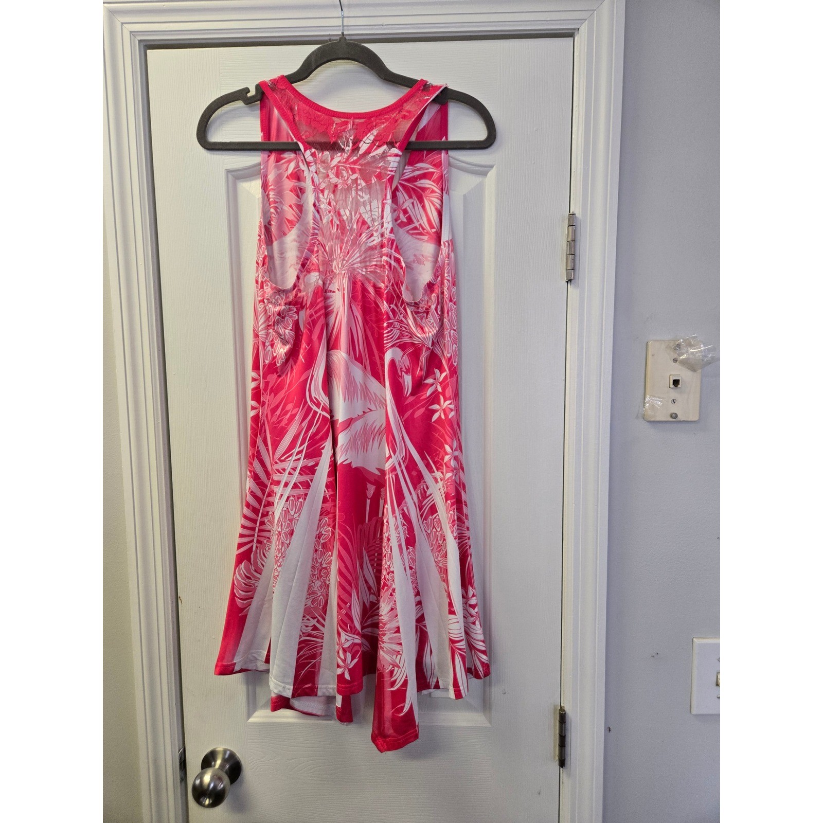 Pink Flamingo Tropical Lace Back Handkerchief Hem Dress Resortwear One Size
