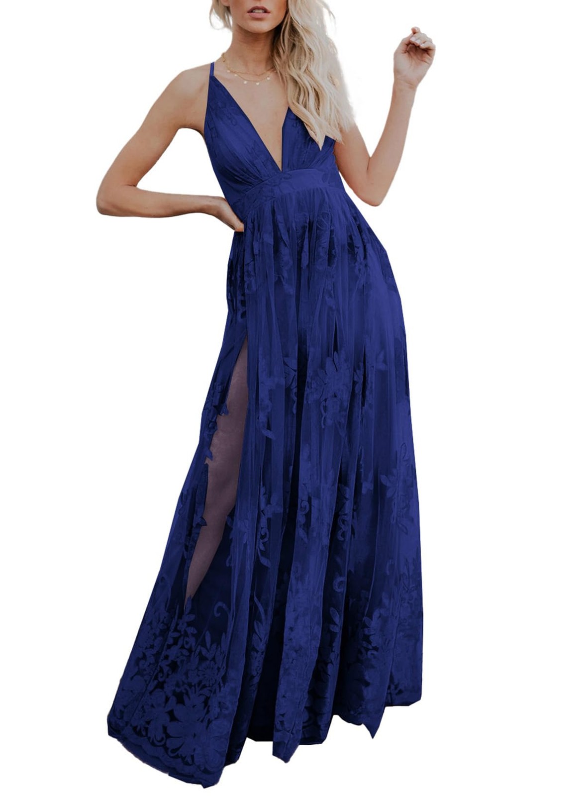 Dokotoo Formal Dress Blue Large Embroidered V-Neck Spaghetti Straps Maxi Lace
