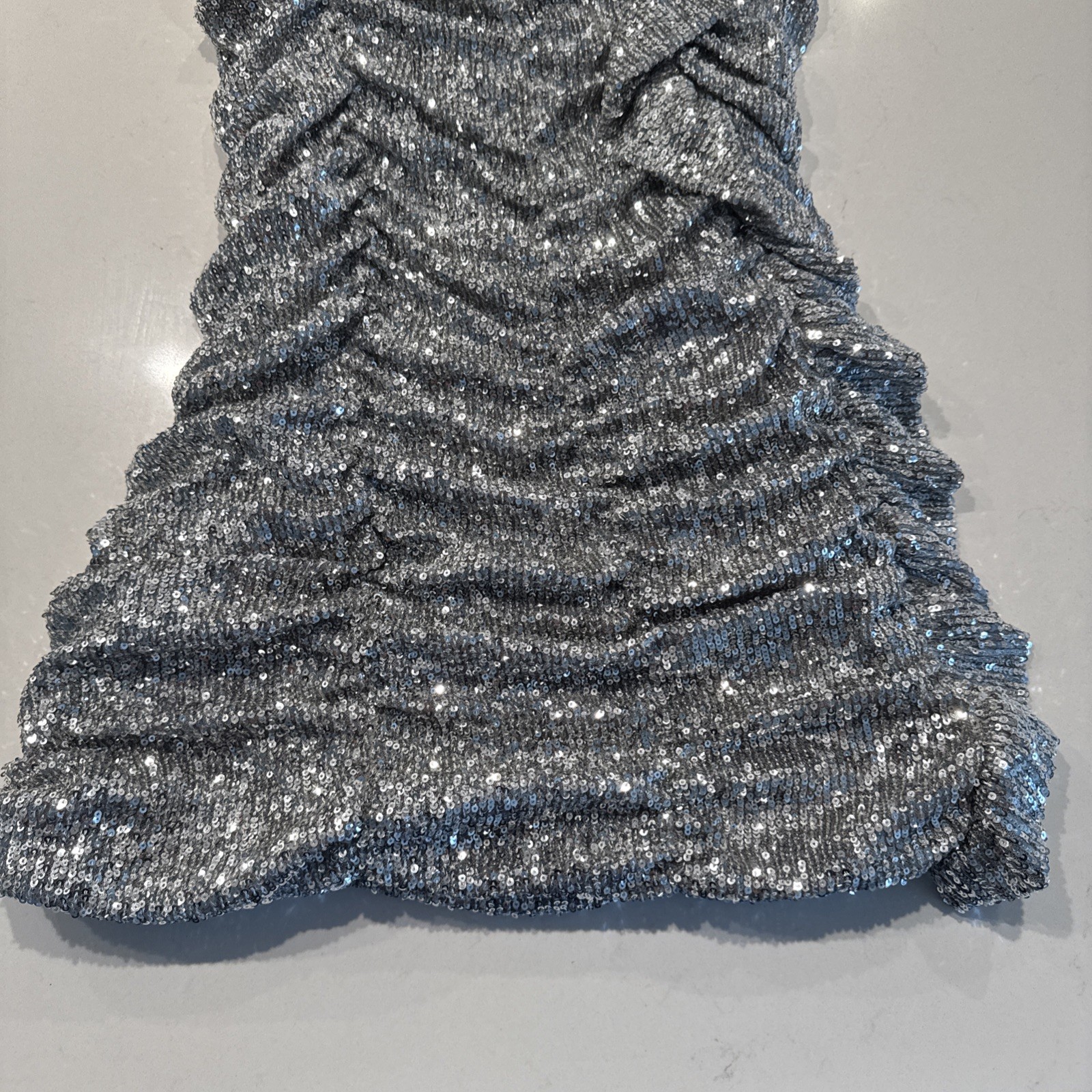 Zara Silver Sequin Strapless Ruched Mini Dress Size Medium Sparkle Holiday Glam