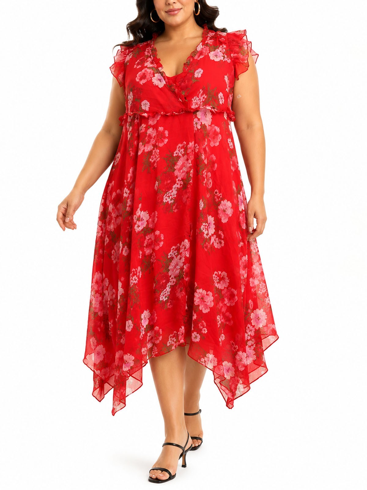 EX YOURS LADIES RED/PINK FLORAL RUFFLE HEM MIDI DRESS NEW (REF R / 443)