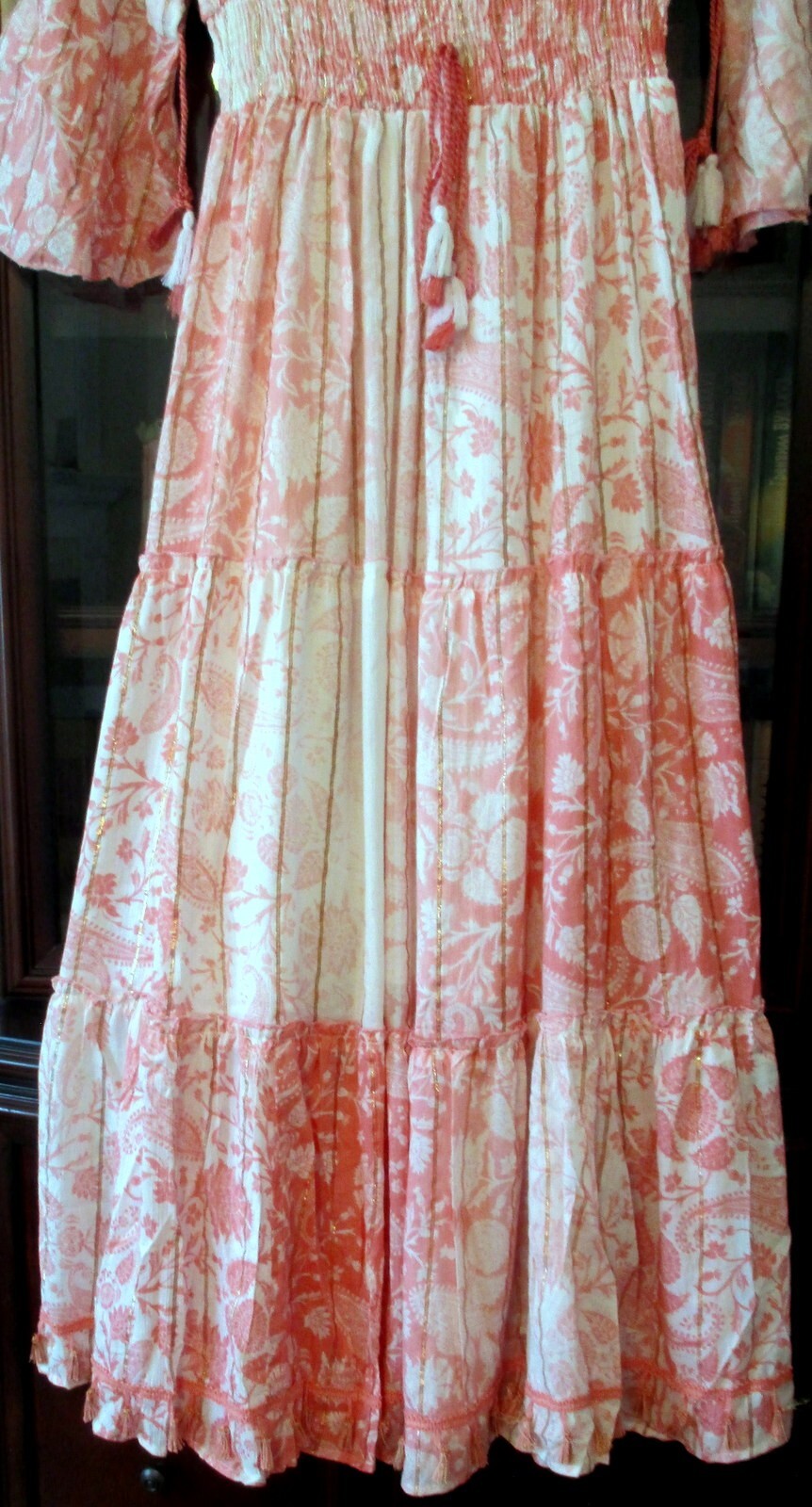 NWT ME 2 MAGIC Sequin Tassels Gold Stripe Bohemian Maxi Tiered Dress S M L XL