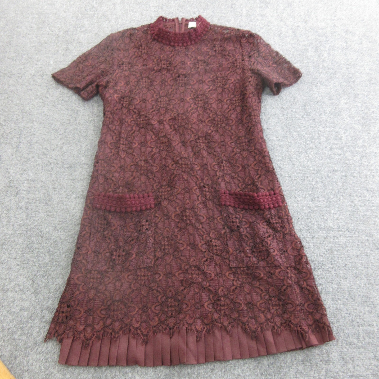 Sandro Dress Womens 36 Red Lace Shift Short Mock Neck Pleated Hem Party