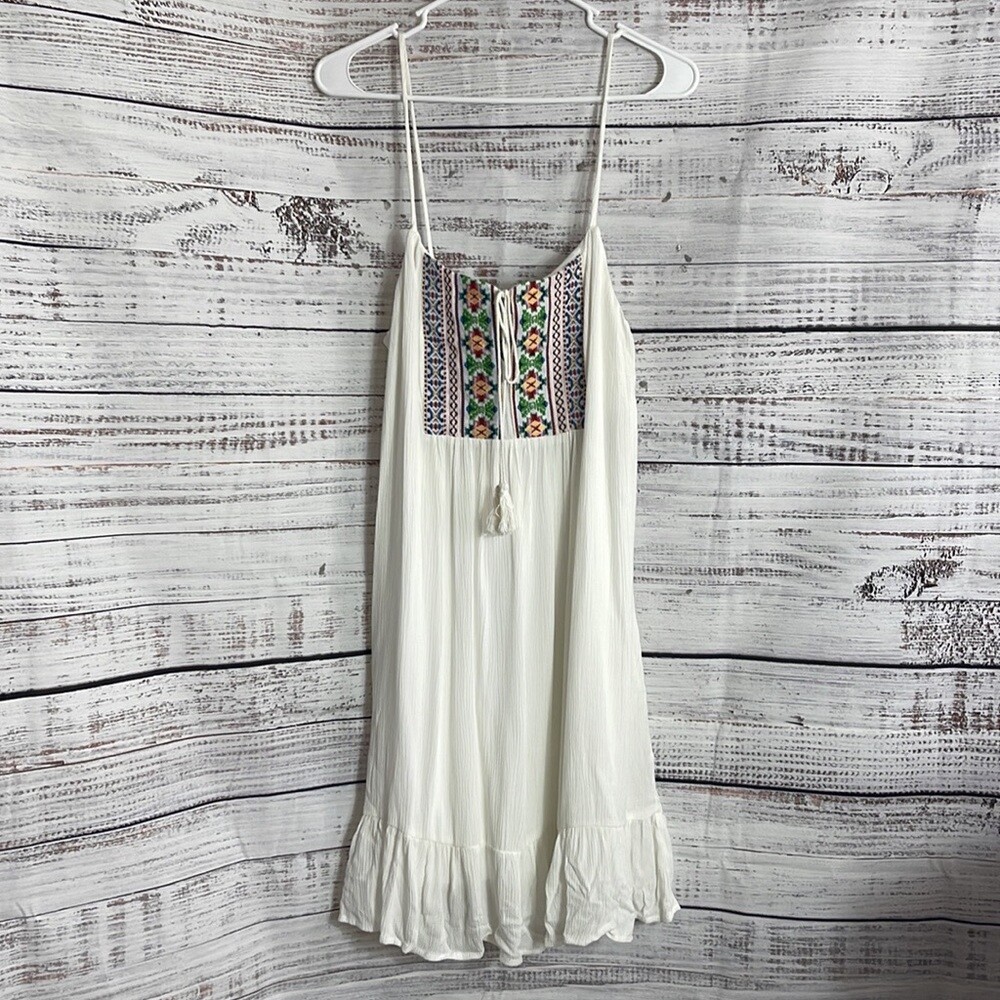 Way-In Dress Womens size Large embroidered Sleeveless  Boho tassels white New