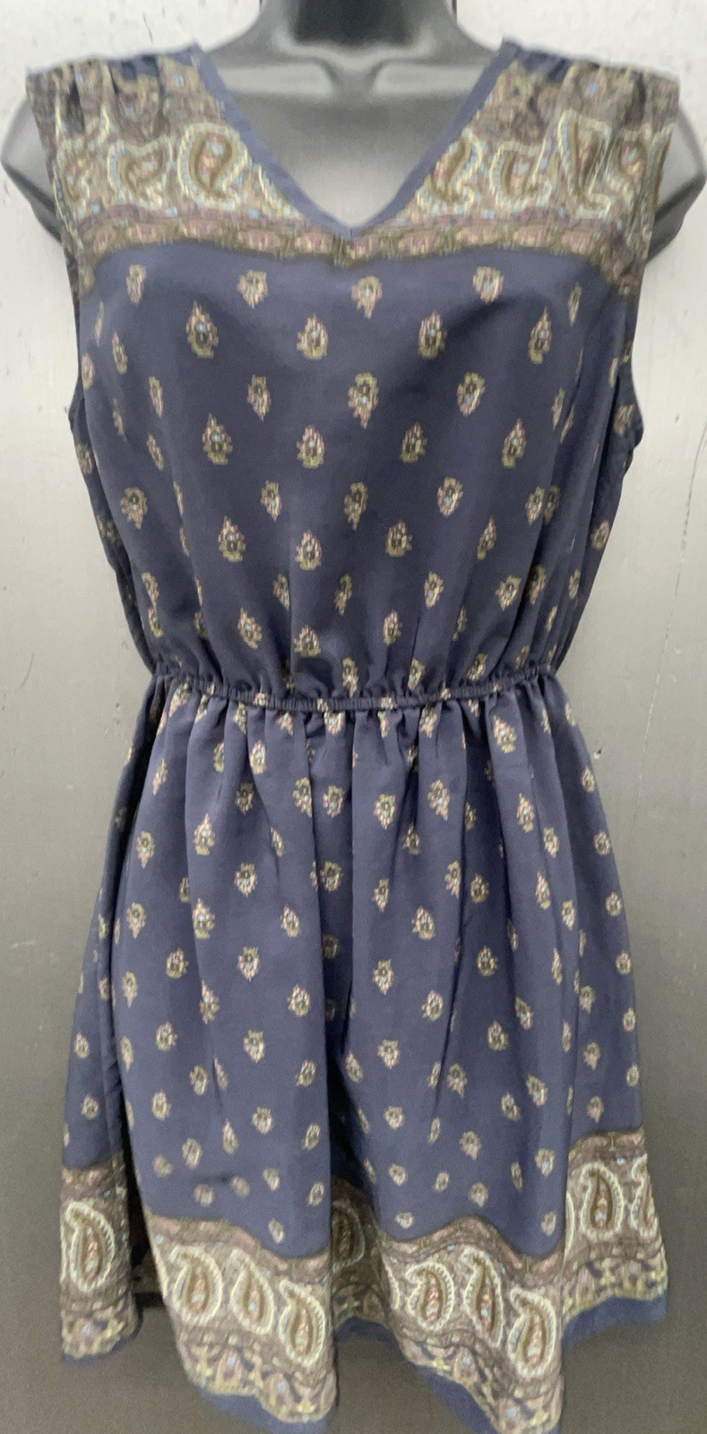 Womens Mini Dress M Blue Paisley Sleeveless Elastic Waist Preppy Y2K Classic USA