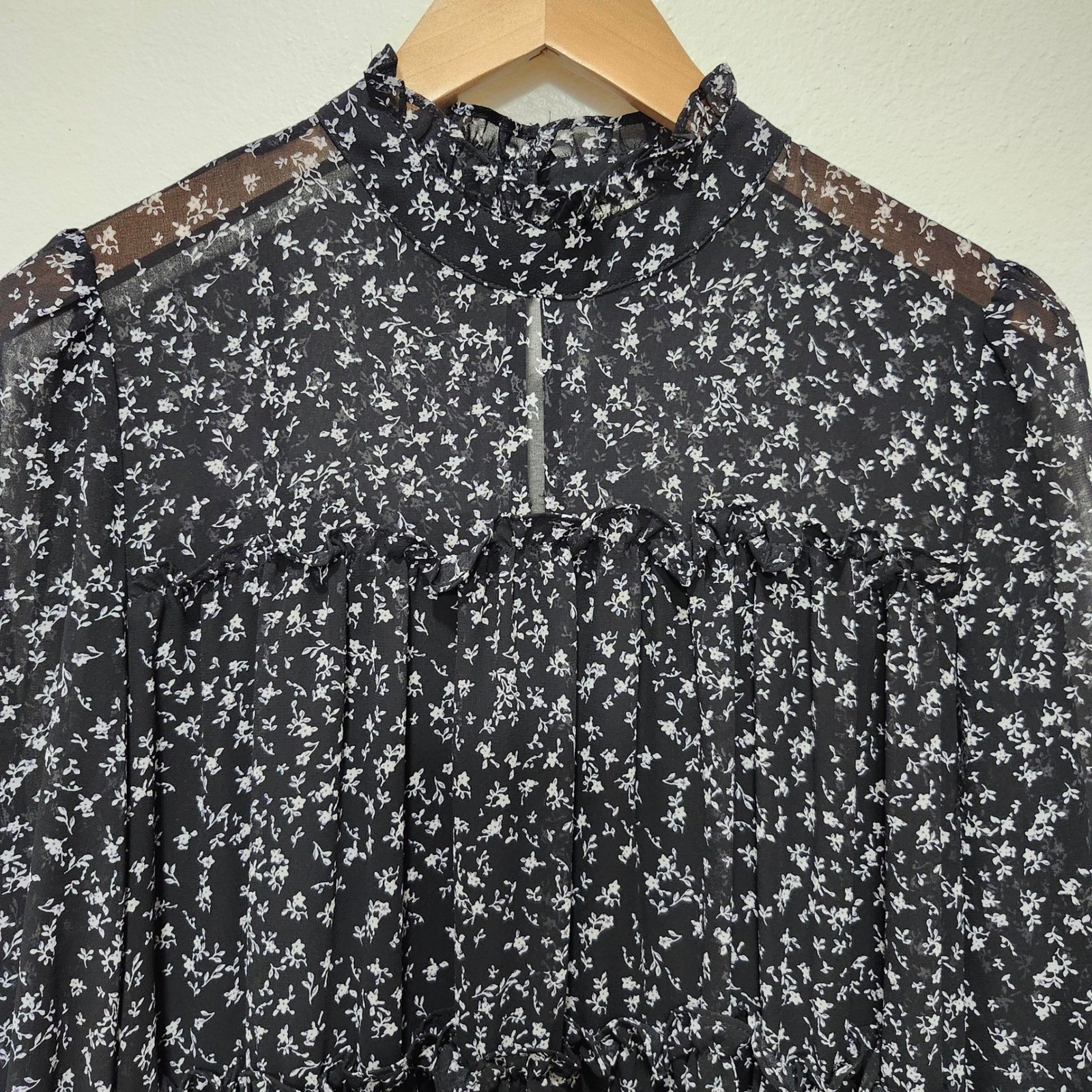 Pinch Black Tiered Floral Print Long Sleeve Ruffle Lined Dress Size Large