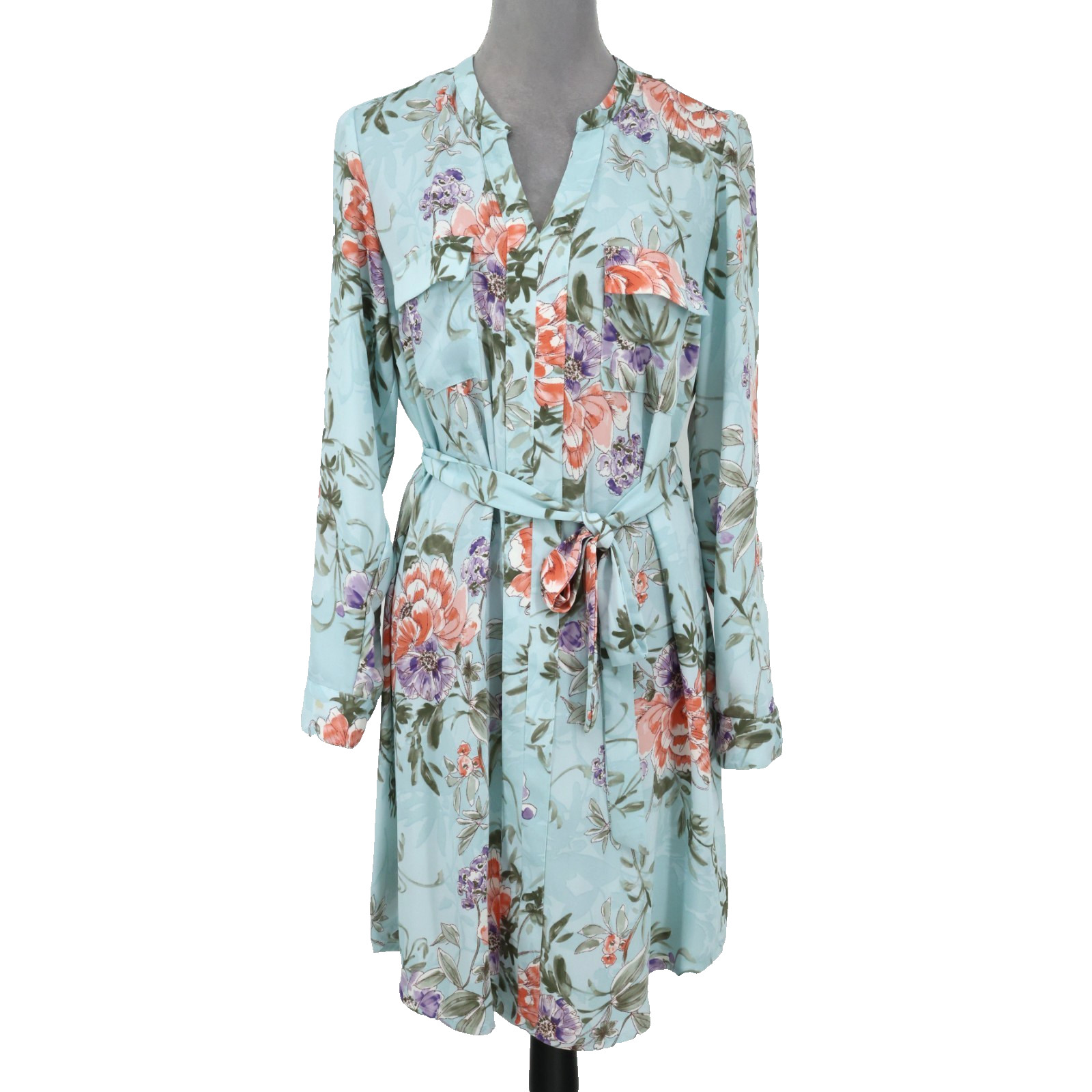 Nanette Lepore Dress Womens 8 Light Green Floral Long Sleeve Belted Pockets