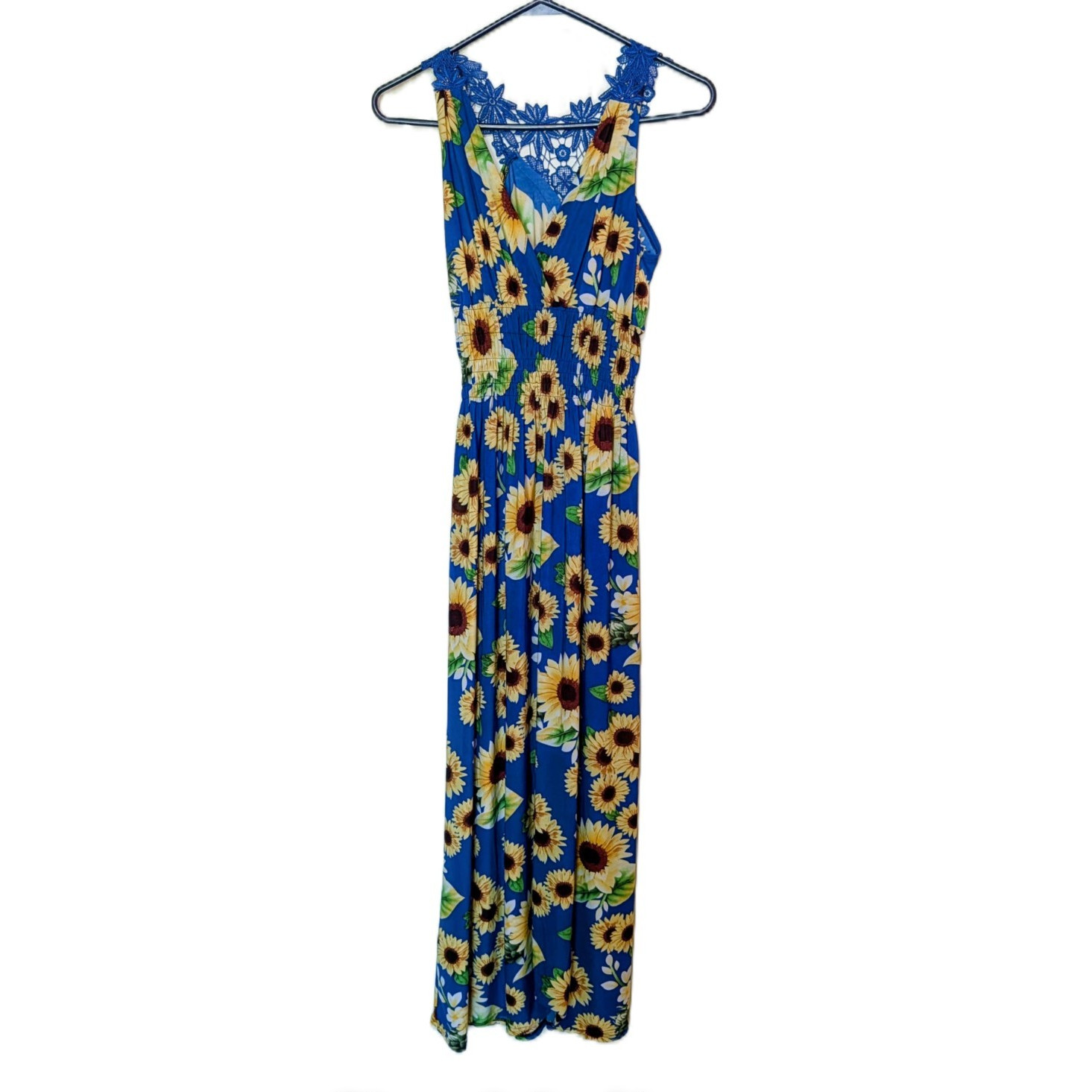 Sunflower Floral Maxi Dress V-Neck Sleeveless Strappy Long Blue Yellow Green M