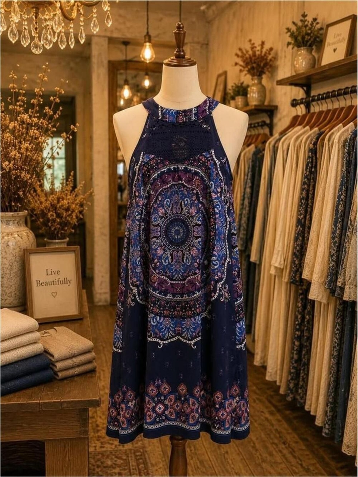 Navy Blue and Purple Paisley Boho Dress