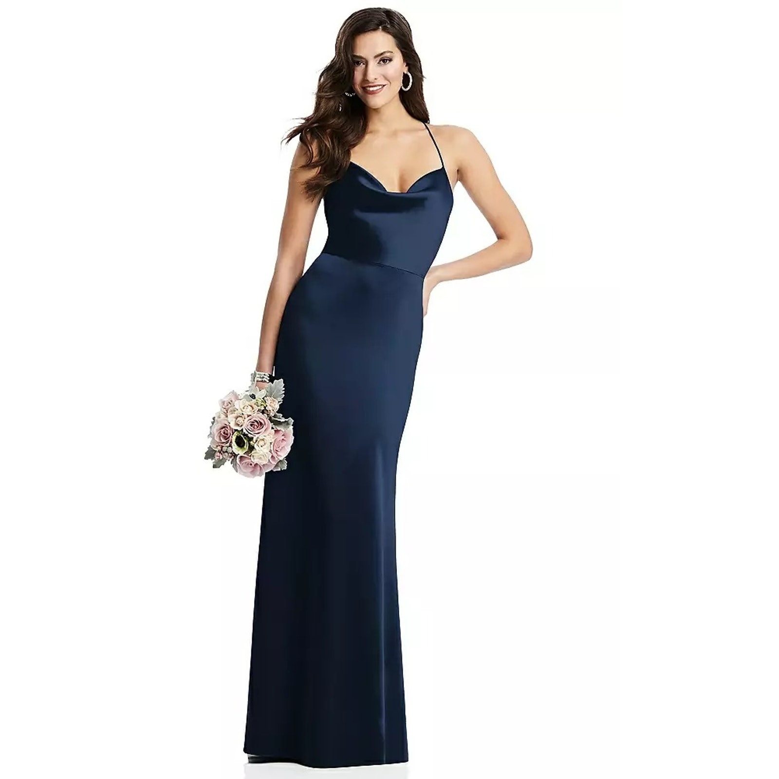 Dessy Lux Charmeuse Gown Navy Blue Cowl Neck Satin Dress Crisscross Back 14