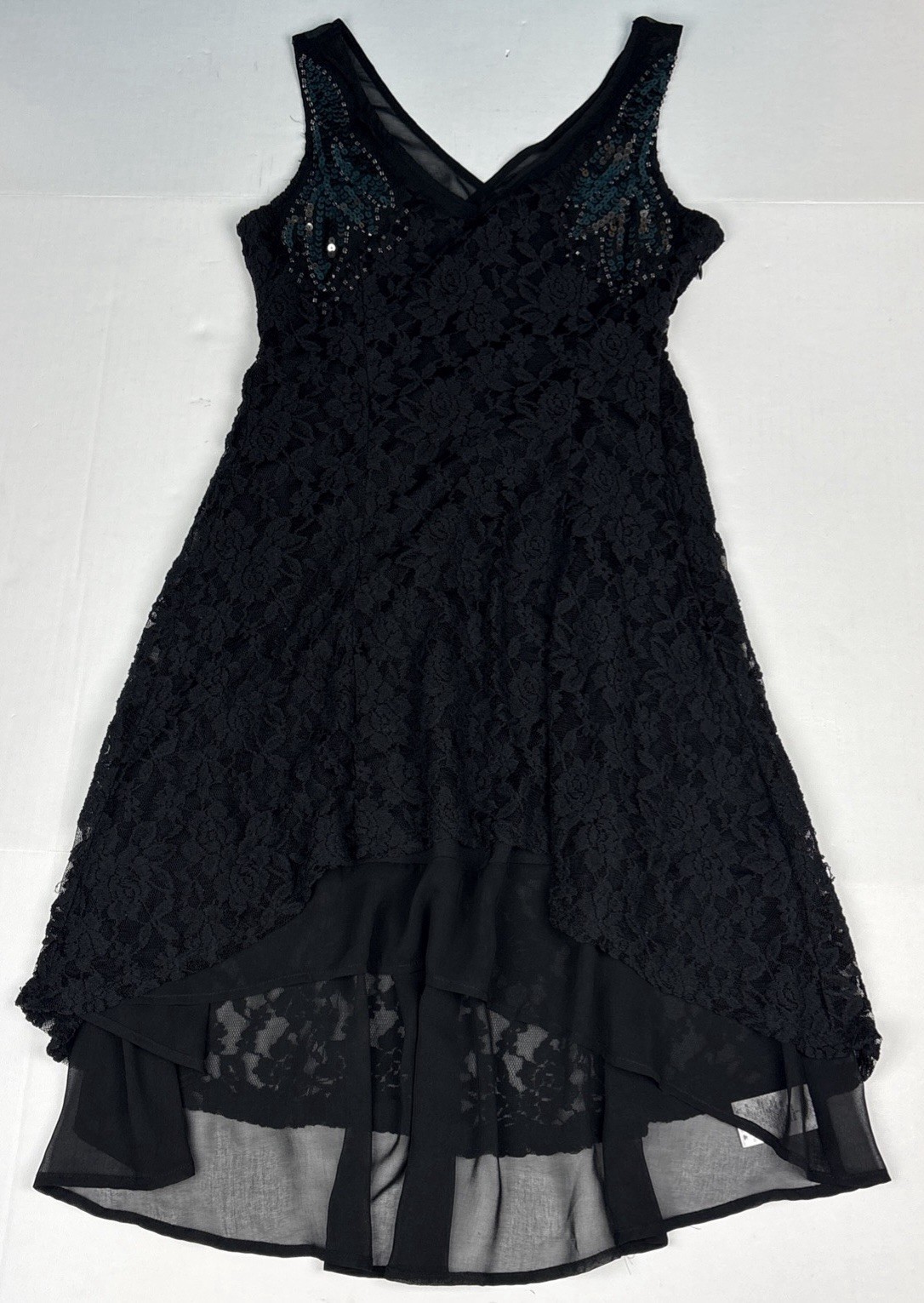 Miss Me Women Small Dress Black Lace Silver Sequin Sleeveless High Low Party