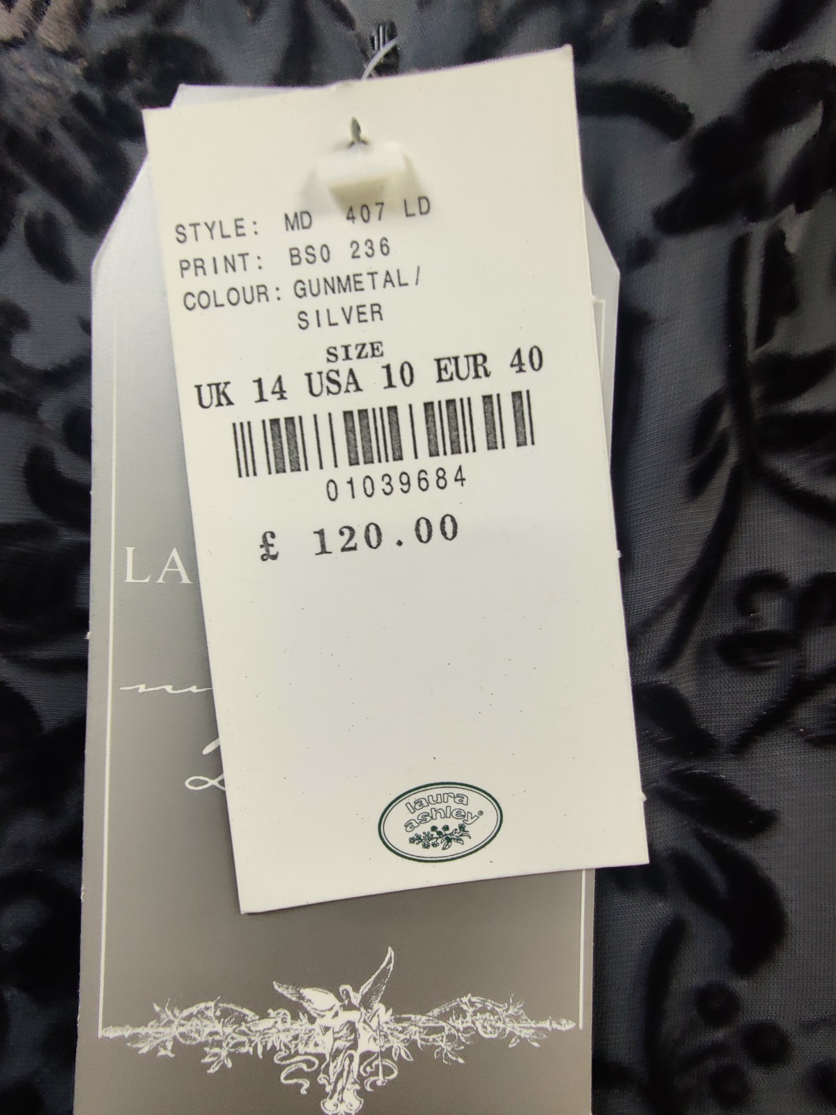 Laura Ashley Millennium 2000 Devoré Velvet Dress UK 14 Gunmetal Silver Floral