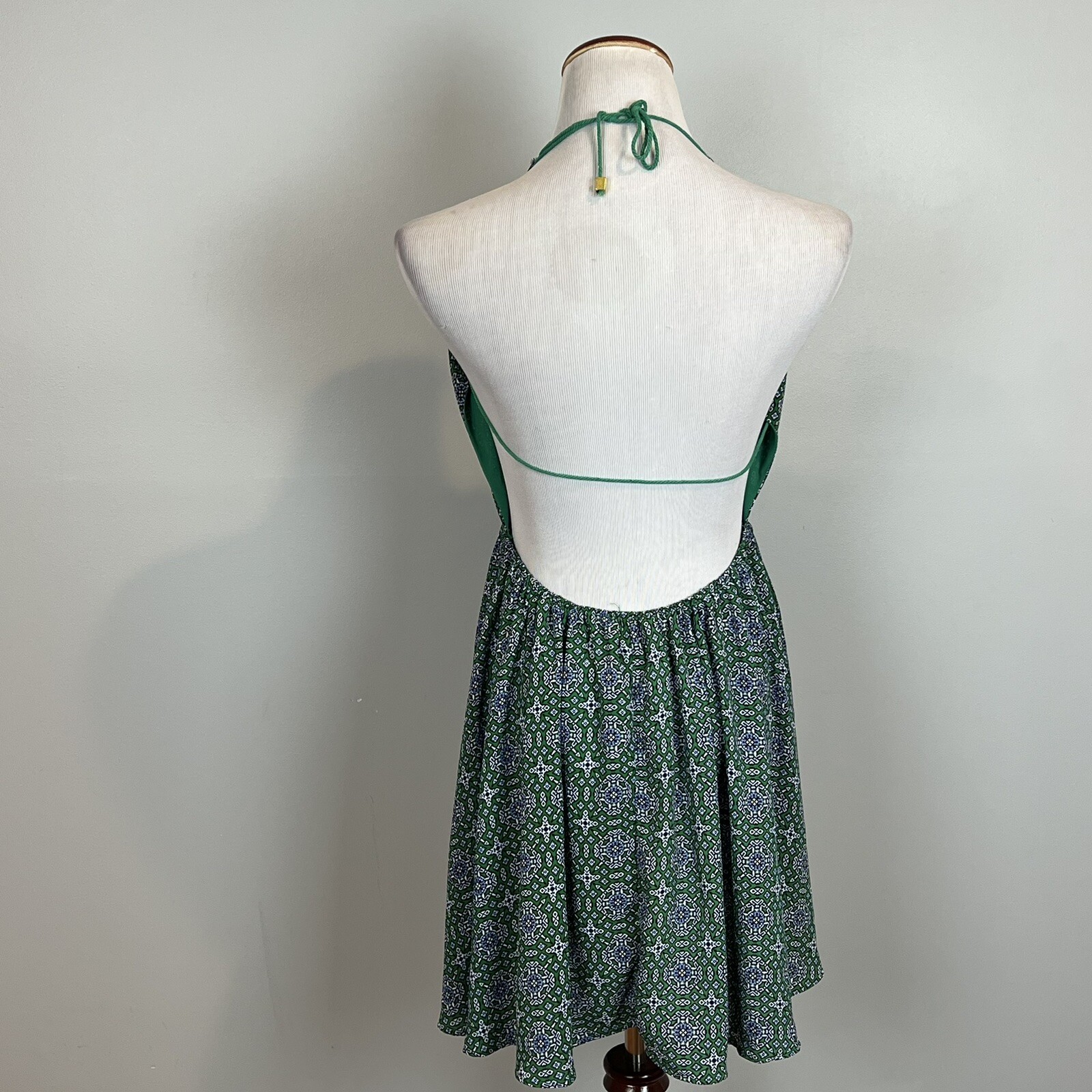 OLIVACEOUS Womens Size Medium Dress Open Back Plunge Green Medallion Mini NWT