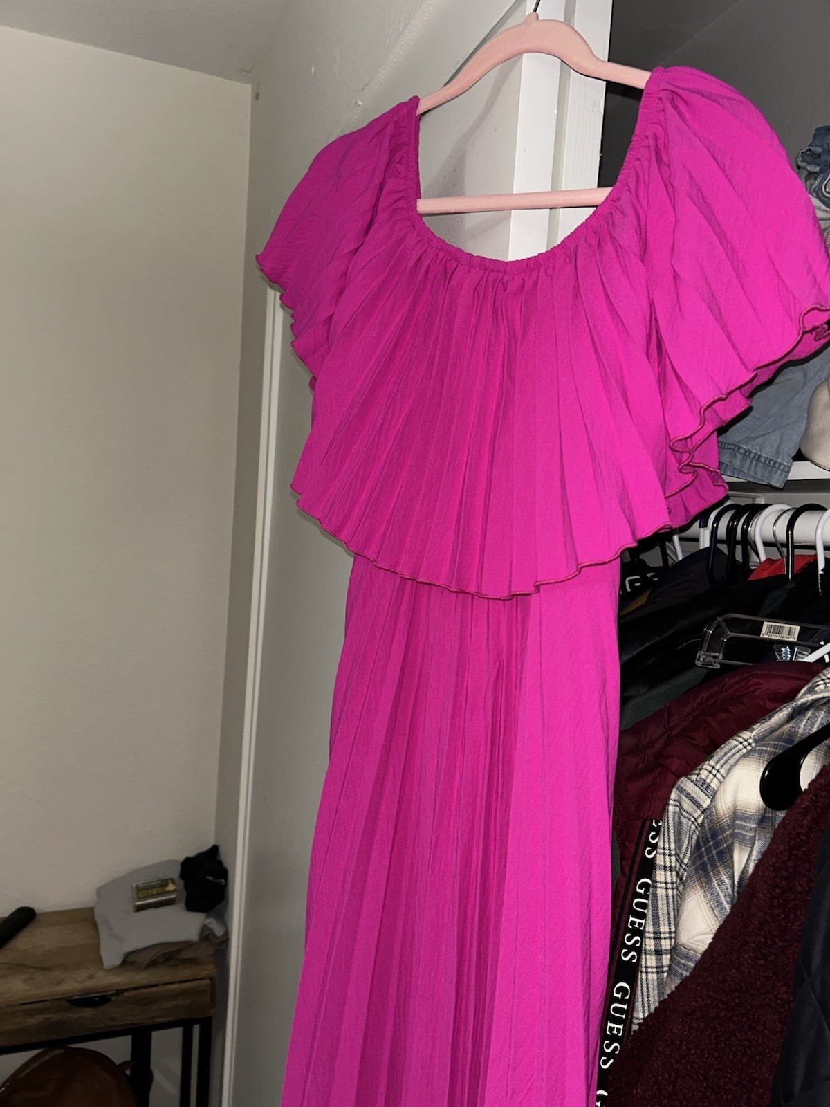 Women’s Pink Solid Off Shoulder Pleated Ruffle Maxi Dress Size L Long