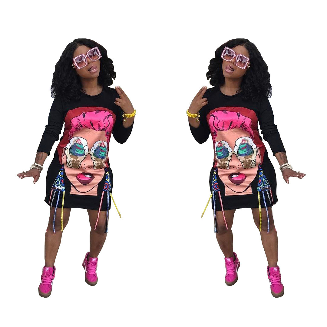 USA Women Casual Long Sleeve Cartoon Head Character Print Loose Mini Dress