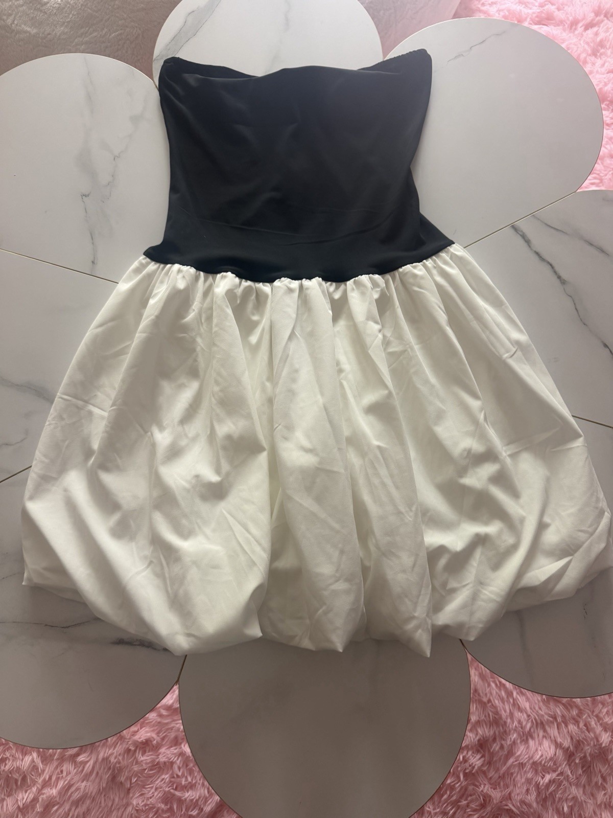 Black White Colorblock Bubble Hem Mini Dress Strapless Pleated Zip S