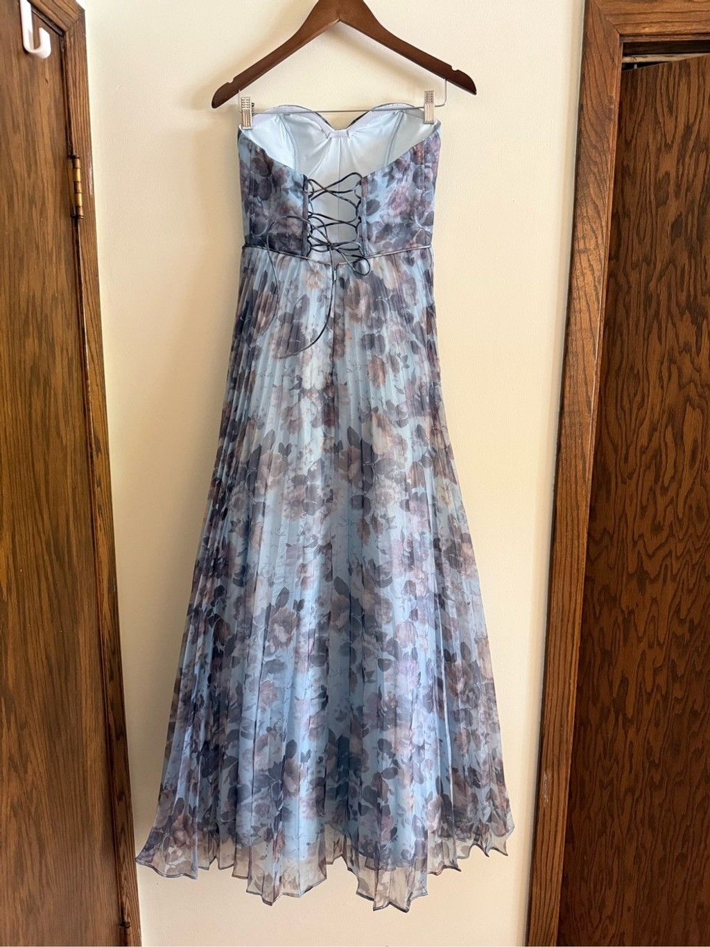 Lulu’s Strapless Blue Floral Pleated Organza Gown Most Beautiful Day Maxi Dress