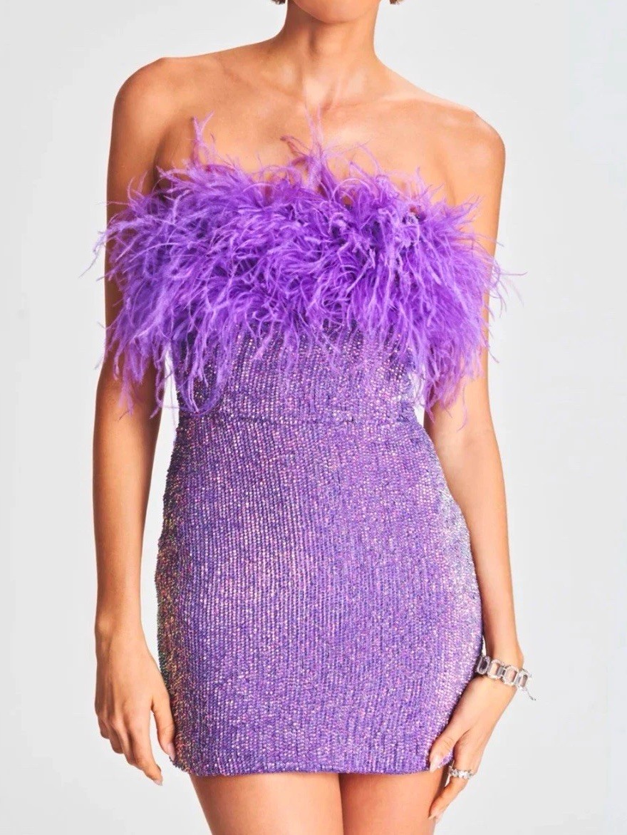 Retrofête Purple Sequin Feather Trim Strapless Mini Dress Women’s XS