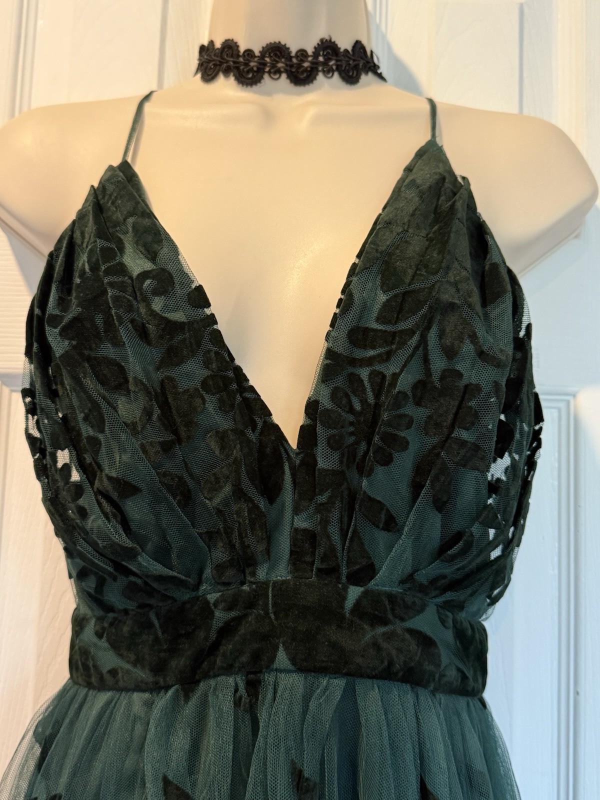 Windsor Forrest Fairy Green Velvet Floral Burnout Maxi Dress S Mesh Gown V Neck