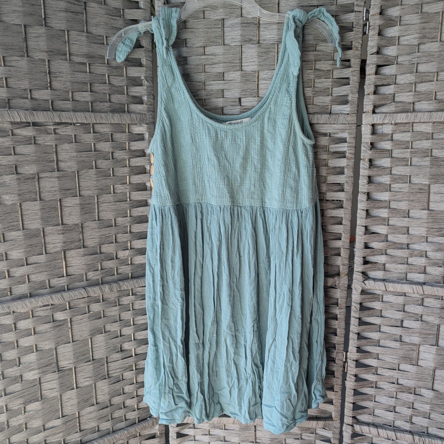 Rip Curl Seafoam Blue Textured Gauze Tie Strap Mini Dress Sz S Babydoll Boho
