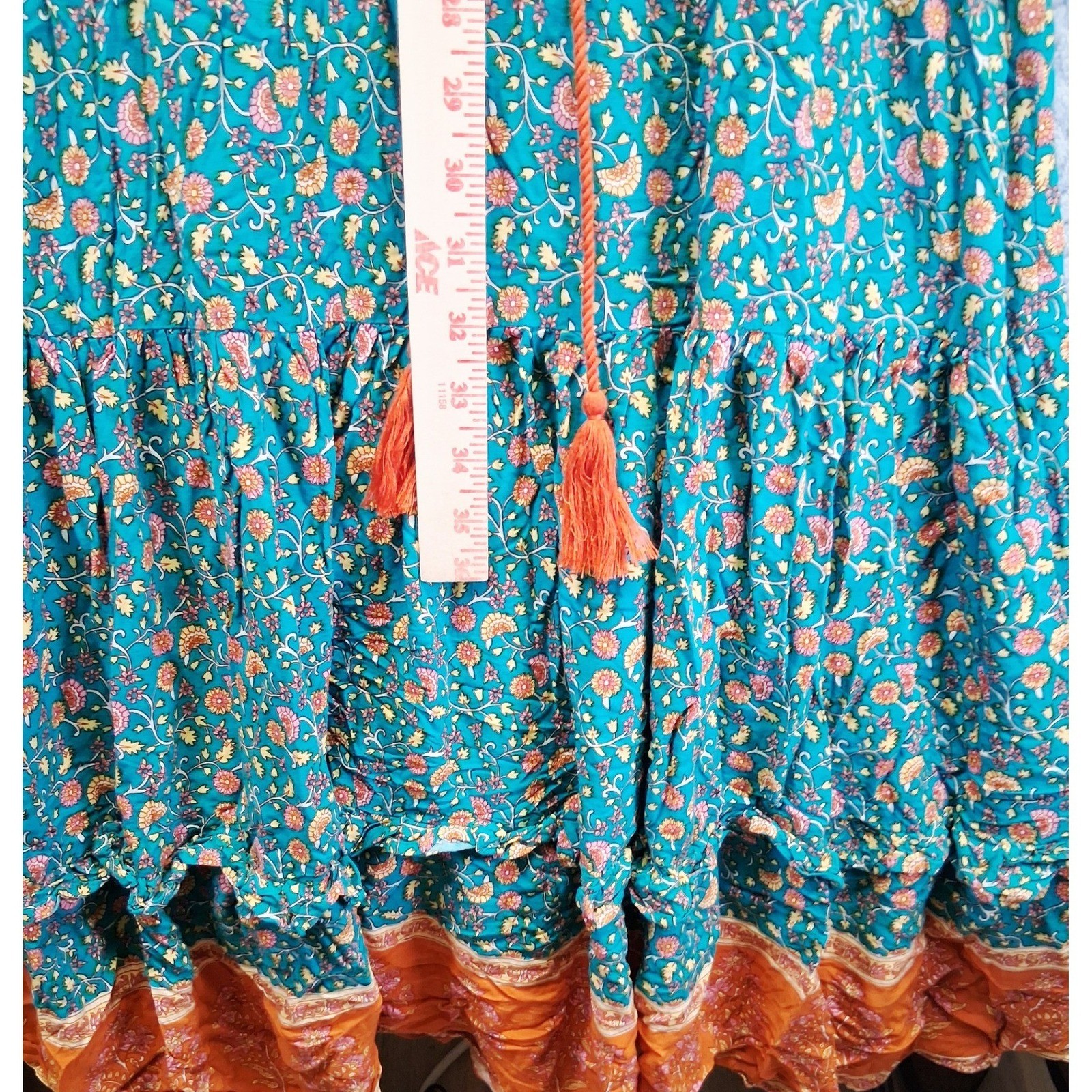 R. Vivimos Teal Floral Boho Maxi Dress Short Sleeve Tassel Pom Trim Size M 8/10