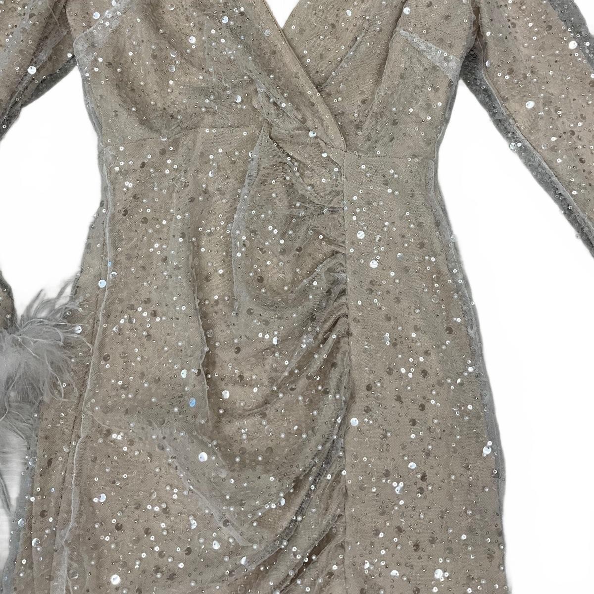 Champagne Sequin Pearl Wrap Front Cocktail Dress Feather Cuffs NWT