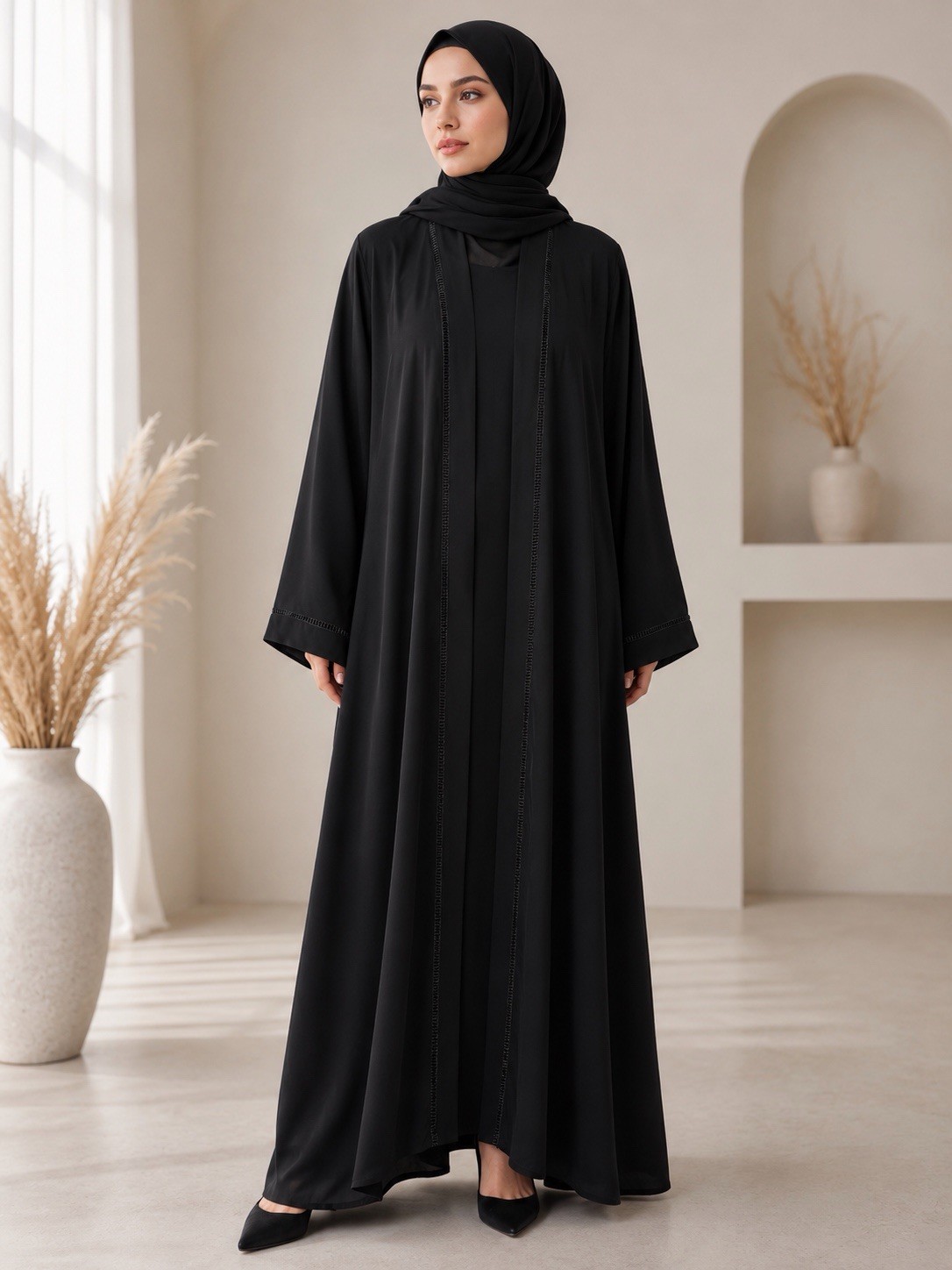 Libaayawear Women’s Black Solid Open Front Abaya One Size Nida Bell Sleeve