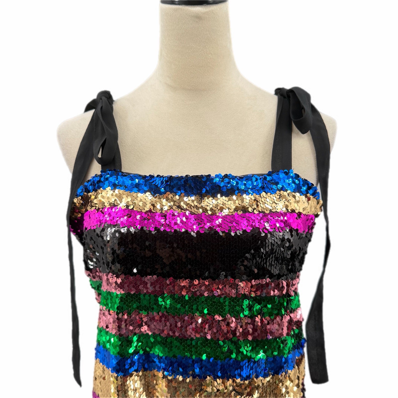 Lea & Viola M Black Multi Color Sequin Stripe Mini Sleeveless Ties Shift Dress