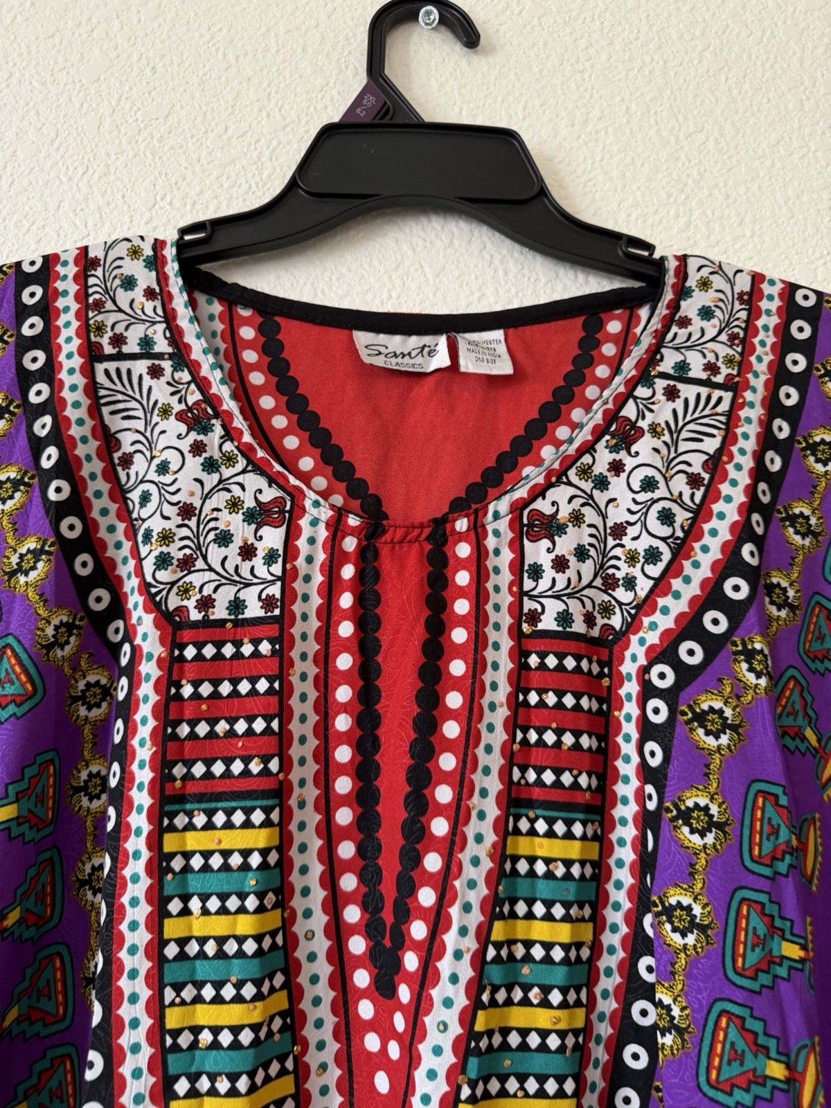Sante Classics OS Purple Multicolor Kaftan V Neck Boho Print Dress