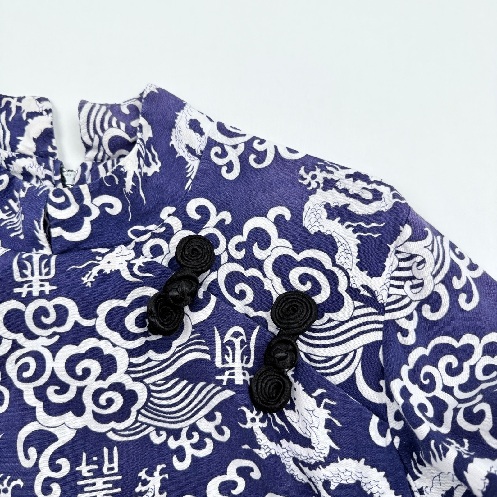 Vintage Chinese Style Maxi Dress Blue Dragon Print High Neck Asian Handmade