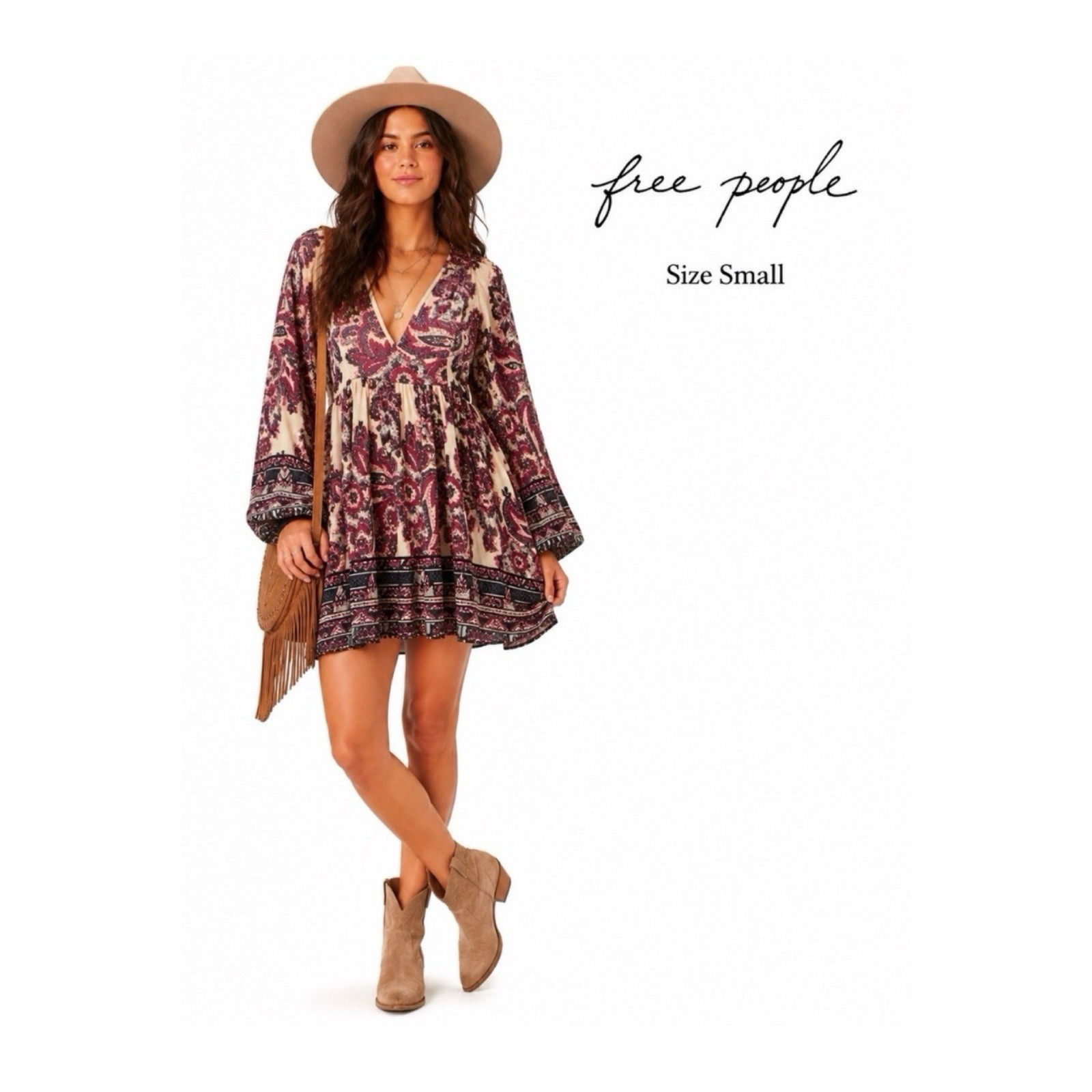 Free People Boho Paisley Silky Satin Mini Babydoll Dress Size Small