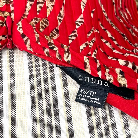Canna Animal Leopard Print Pleated Maxi Dress Size XS Red Brown Cream Blue