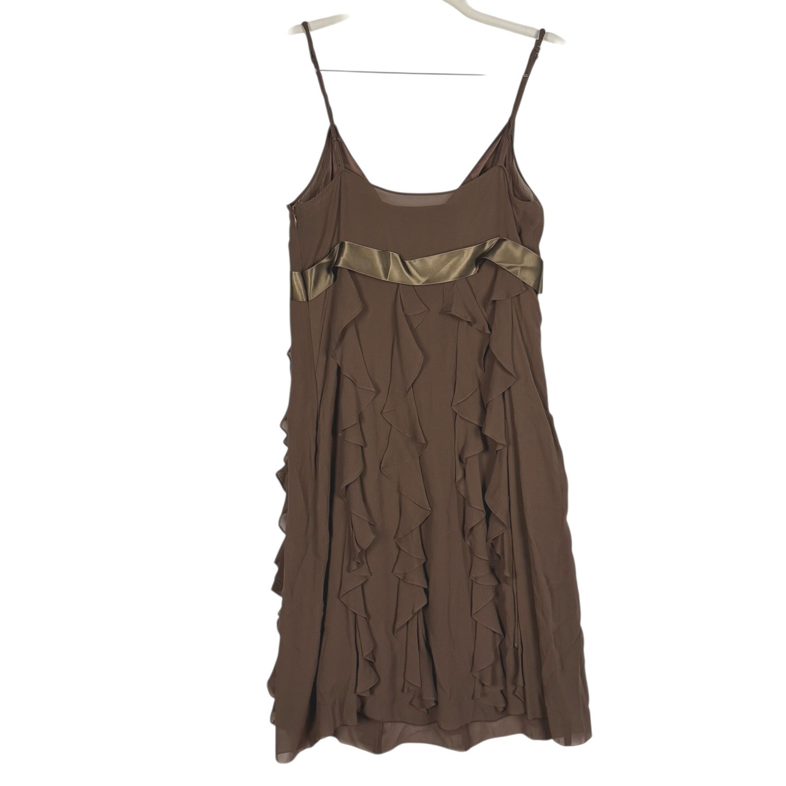 BCBGMAXAZRIA Brown 100% Silk Ruffle Mini Dress Rhinestone Brooch Empire Waist 4